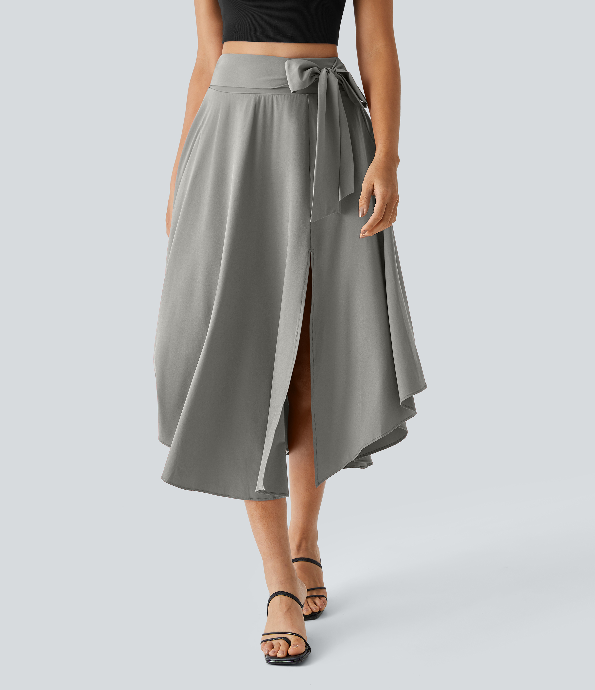 Halara Breezefulв„ў High Waisted Tie Side Split 2-in-1 Curved Hem Flowy Flare Quick Dry Midi Casual Skirt  - Dust Gray - S(regular) 