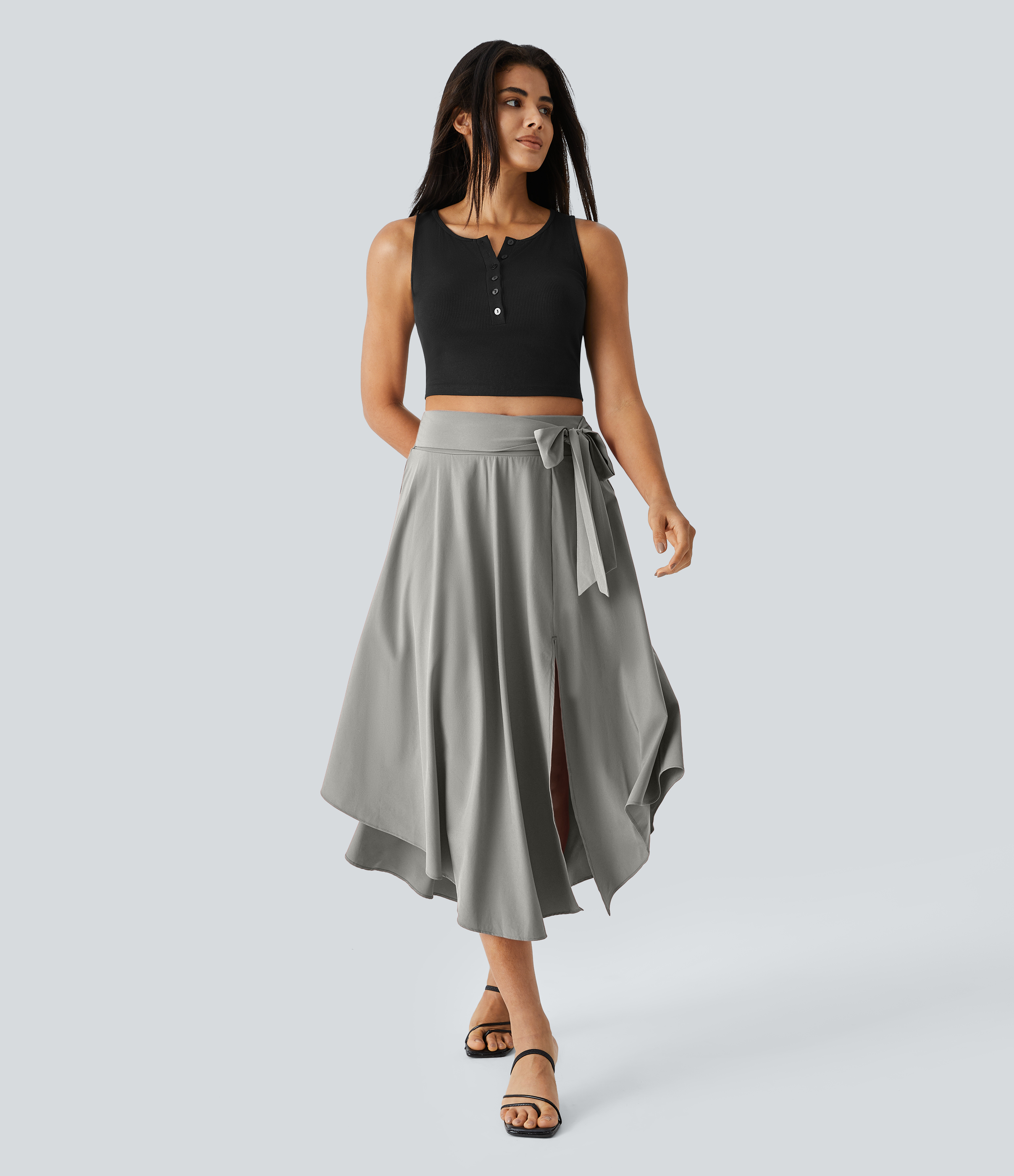 Halara Breezefulв„ў High Waisted Tie Side Split 2-in-1 Curved Hem Flowy Flare Quick Dry Midi Casual Skirt  - Dust Gray - S(regular) 