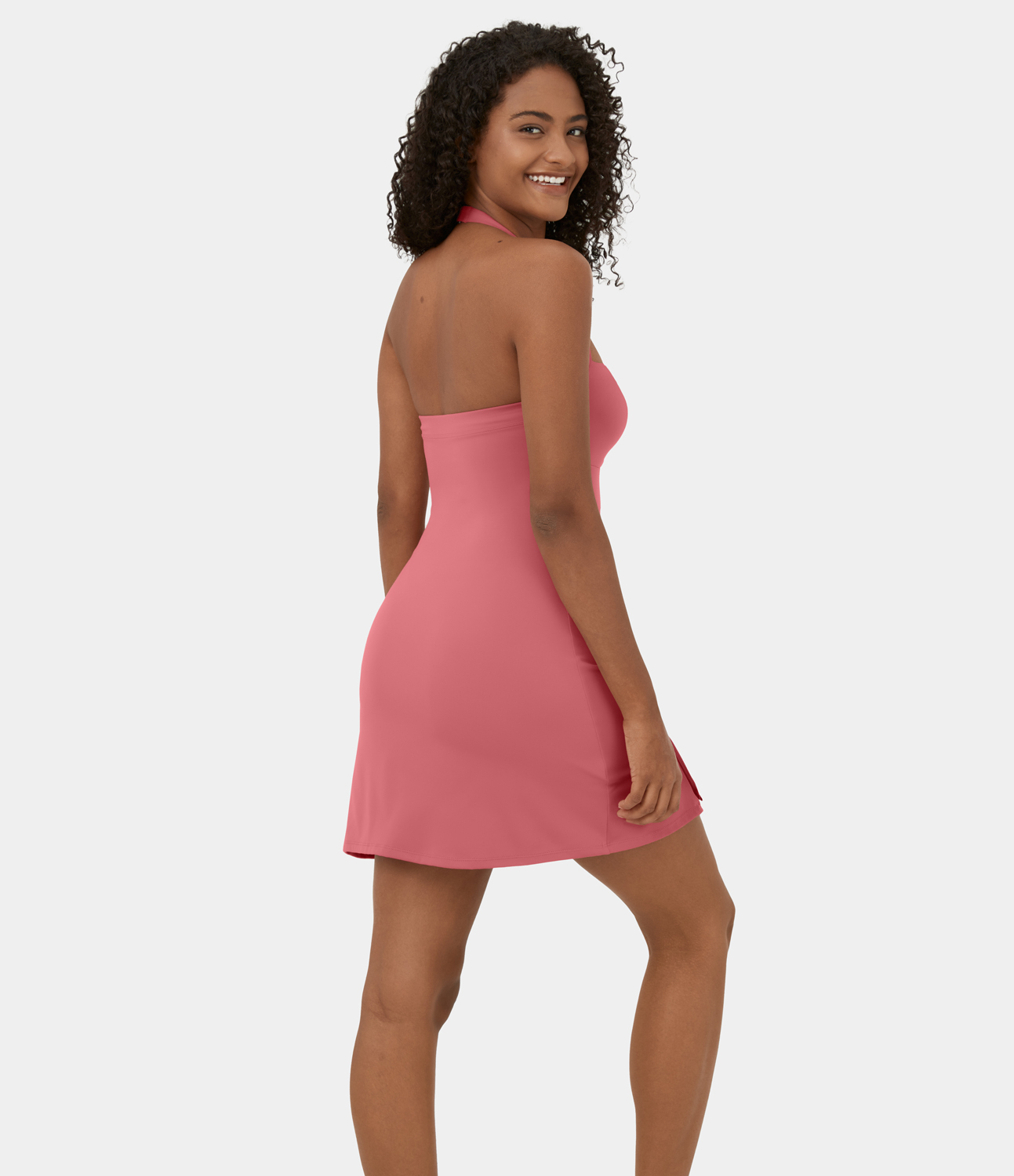 Halara Softlyzeroв„ў Plush Halter Ruched Backless Split Hem Mini Pickleball Active Dress Workout Dress - Begonia Rouge - XS 