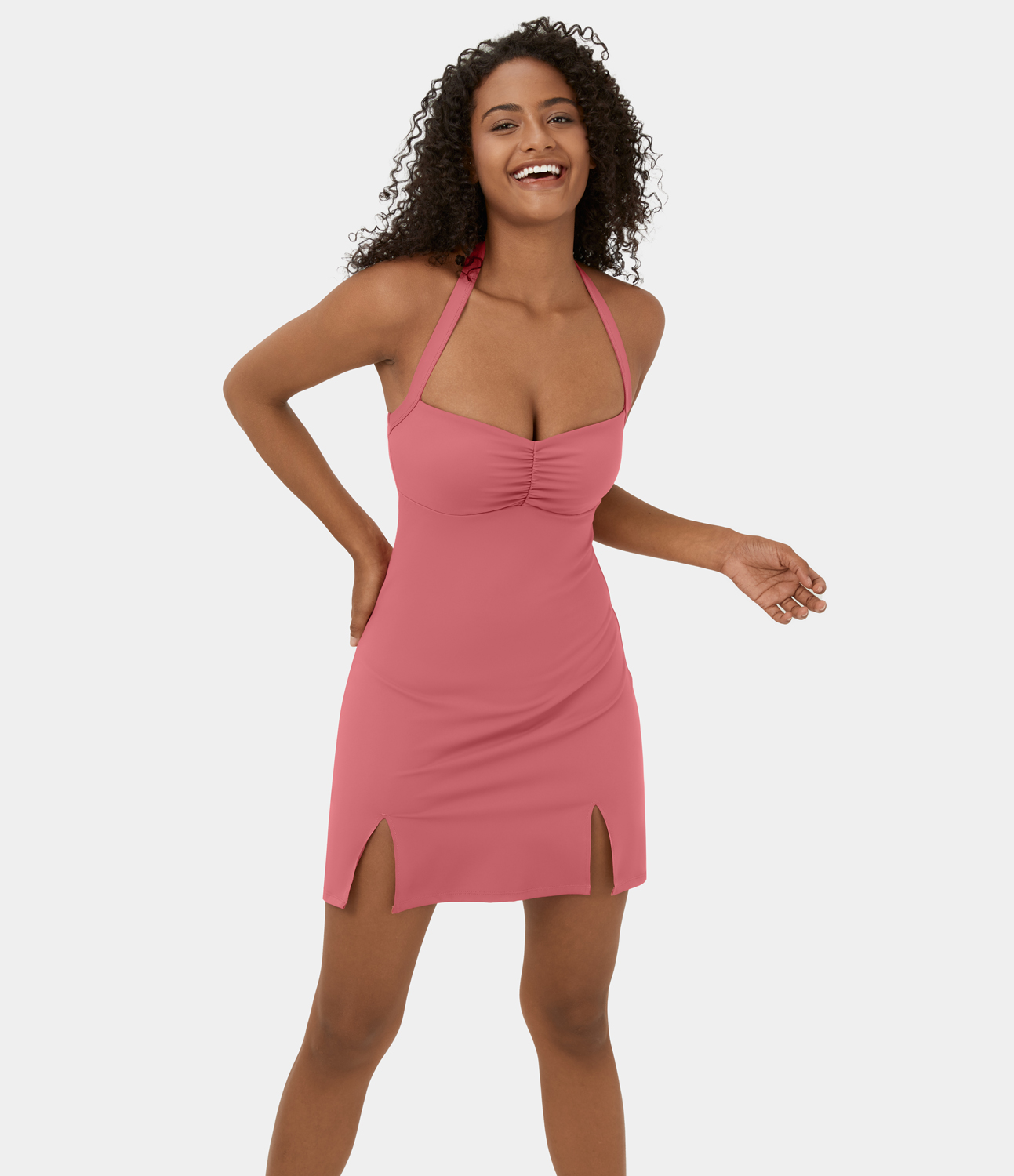 Halara Softlyzeroв„ў Plush Halter Ruched Backless Split Hem Mini Pickleball Active Dress Workout Dress - Begonia Rouge - XS 