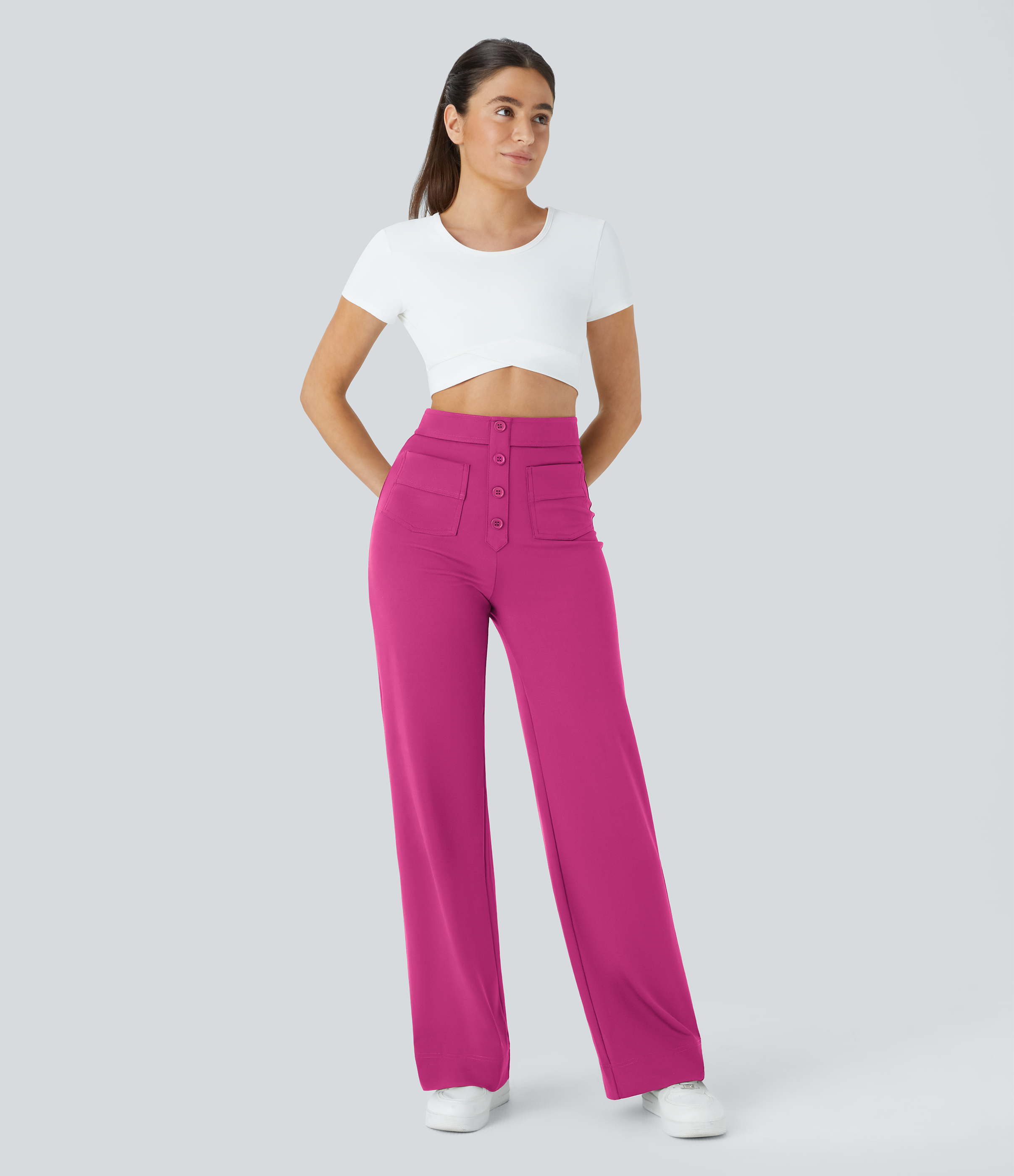 Halara High Waisted Button Multiple Pockets Straight Leg Casual Pants  - Raspberry Rose - S(regular) sweatpants jogger pants 