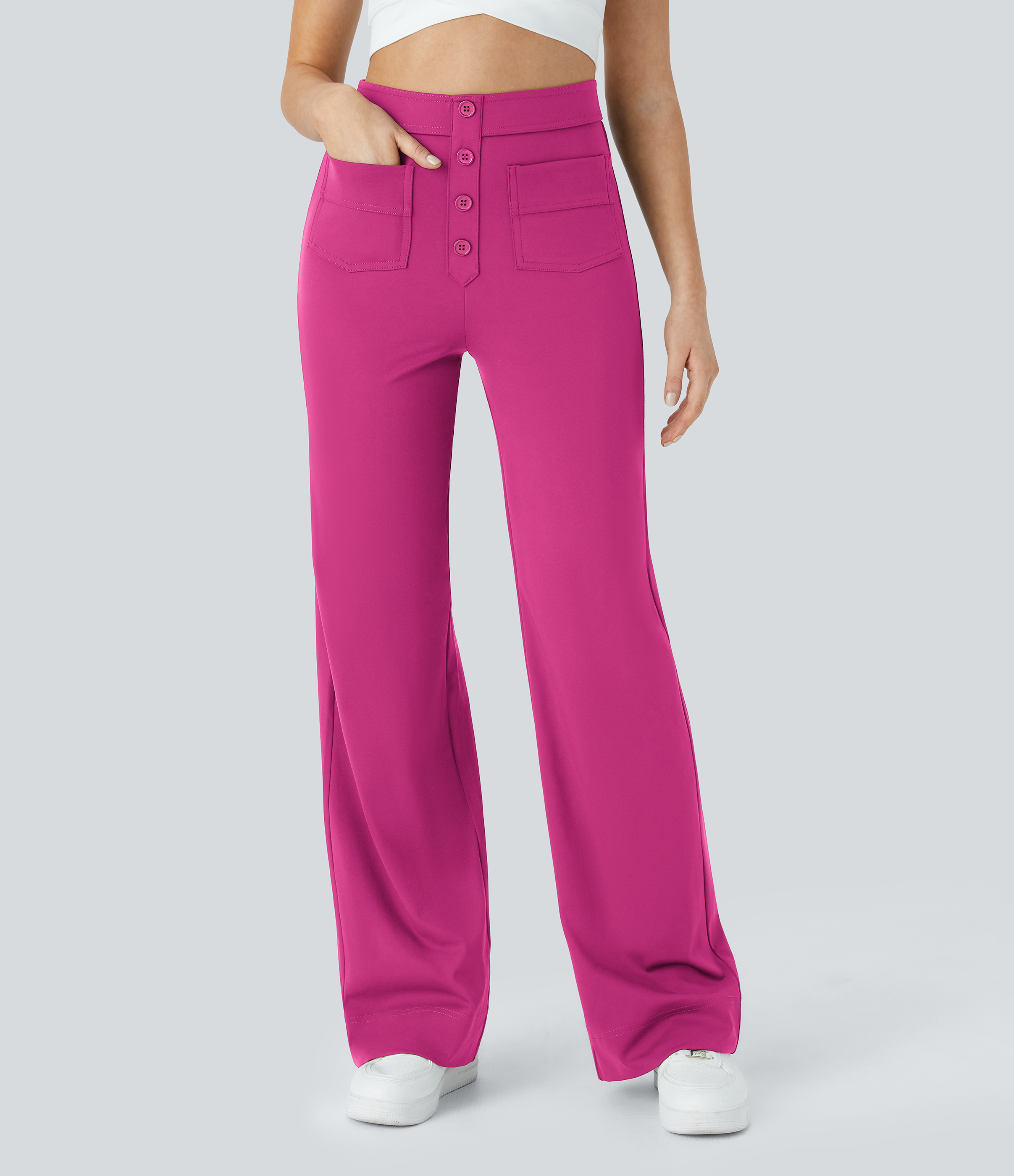 Halara High Waisted Button Multiple Pockets Straight Leg Casual Pants  - Raspberry Rose - S(regular) sweatpants jogger pants 