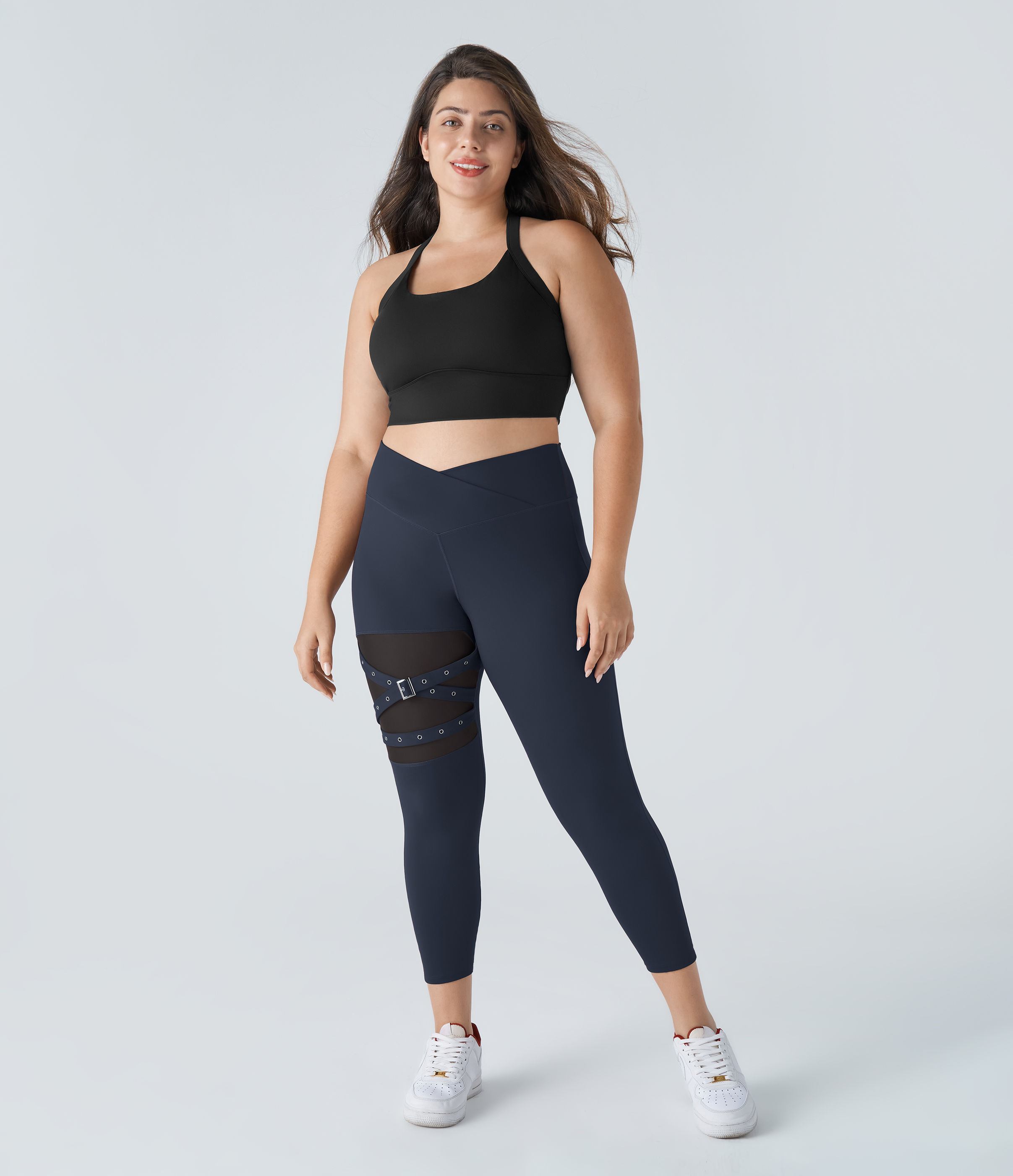Halara High Waisted Crossover Contrast Mesh Decorative Buckle Yoga Plus Size Leggings  - Midnight Blue - 1X(7/8) 