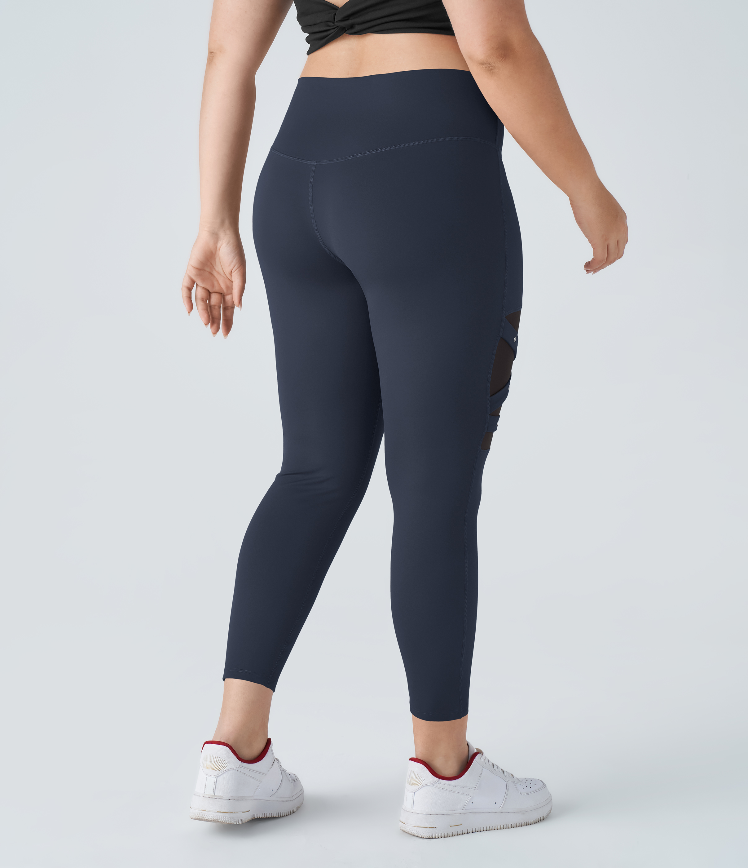 Halara High Waisted Crossover Contrast Mesh Decorative Buckle Yoga Plus Size Leggings  - Midnight Blue - 1X(7/8) 