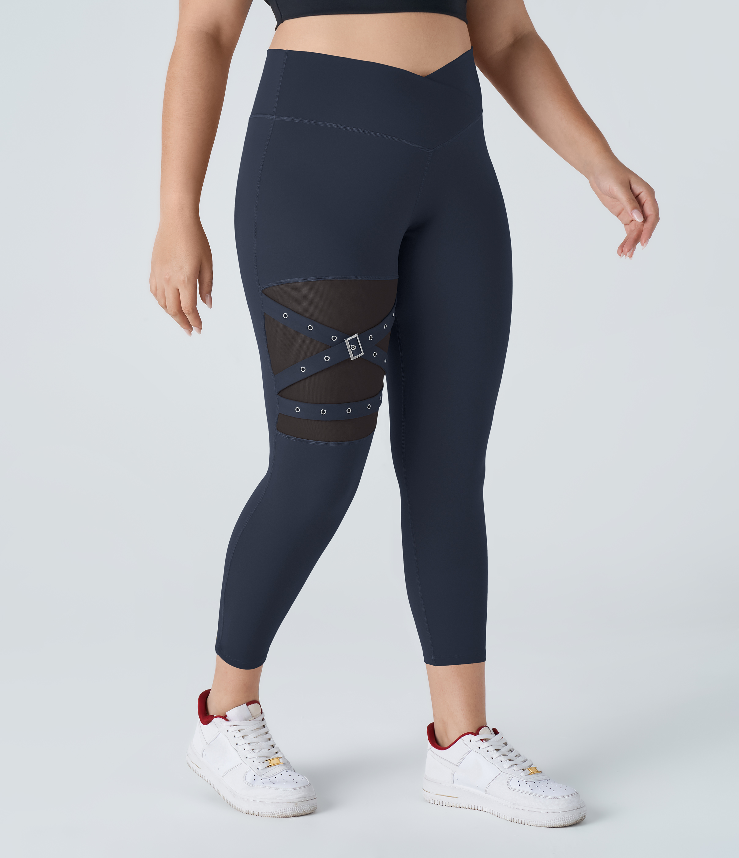 Halara High Waisted Crossover Contrast Mesh Decorative Buckle Yoga Plus Size Leggings  - Midnight Blue - 1X(7/8) 
