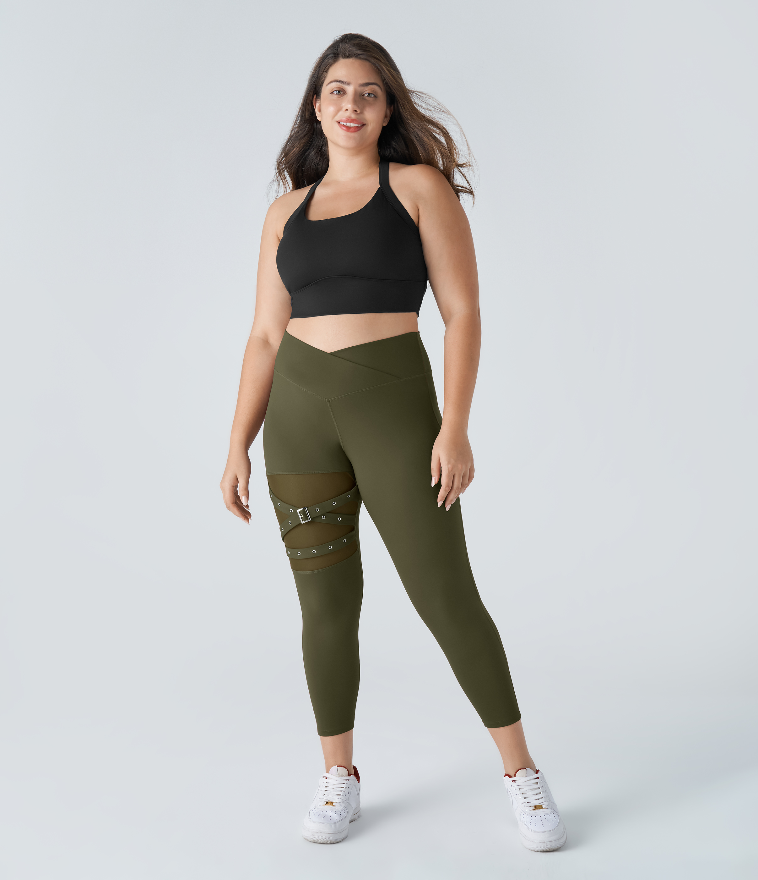 Halara High Waisted Crossover Contrast Mesh Decorative Buckle Yoga Plus Size Leggings  - Forest Night - 2X(7/8) 