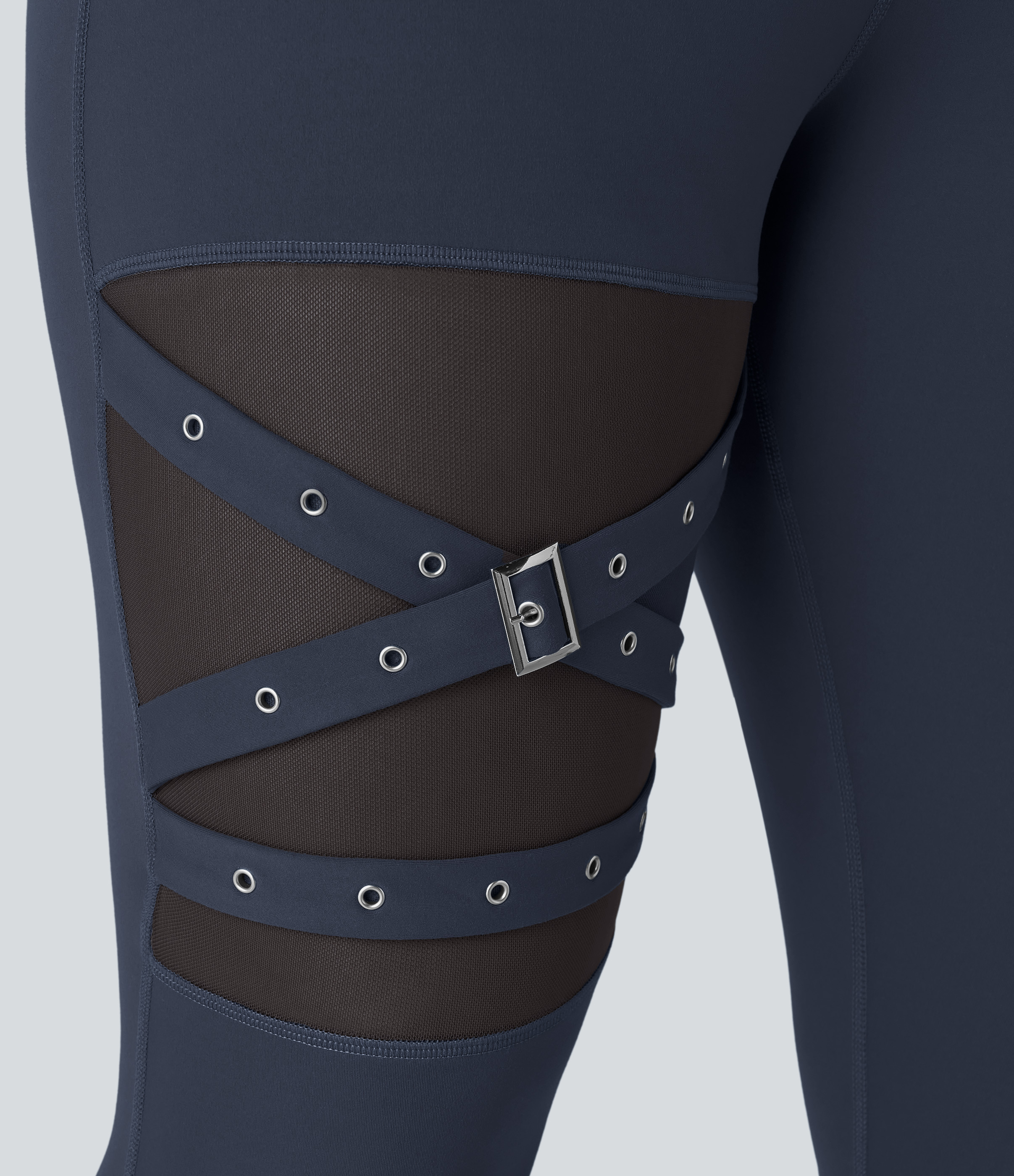 Halara High Waisted Crossover Contrast Mesh Decorative Buckle Yoga Plus Size Leggings  - Midnight Blue - 1X(7/8) 