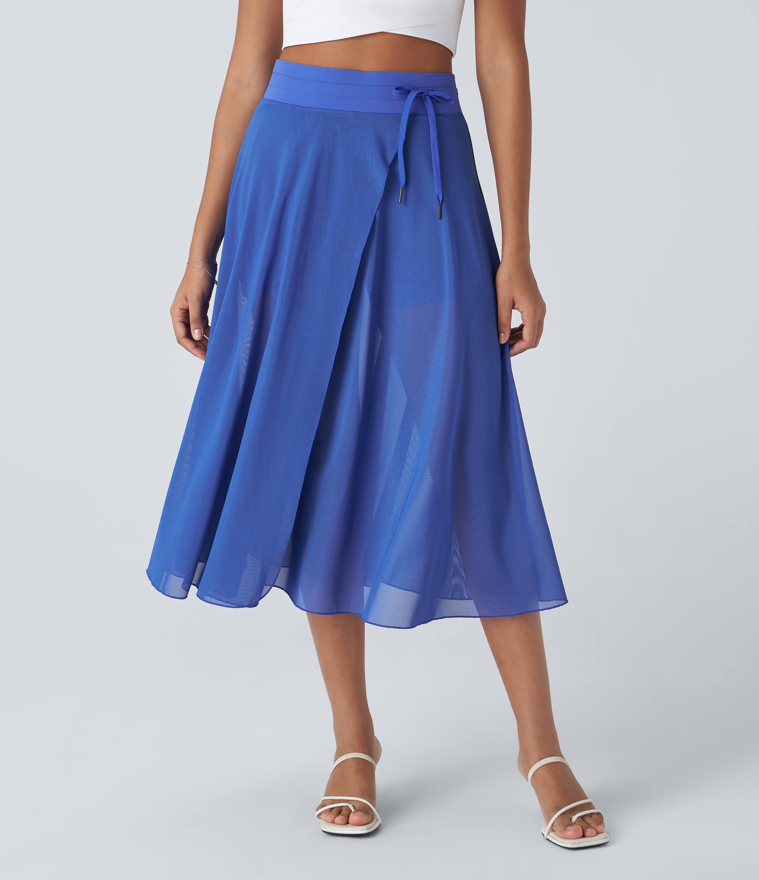 Halara High Waisted Drawstring Contrast Mesh 2-in-1 Side Pocket Flowy Midi Flare Casual Skirt  - Illusionary Midnight Blue - S 
