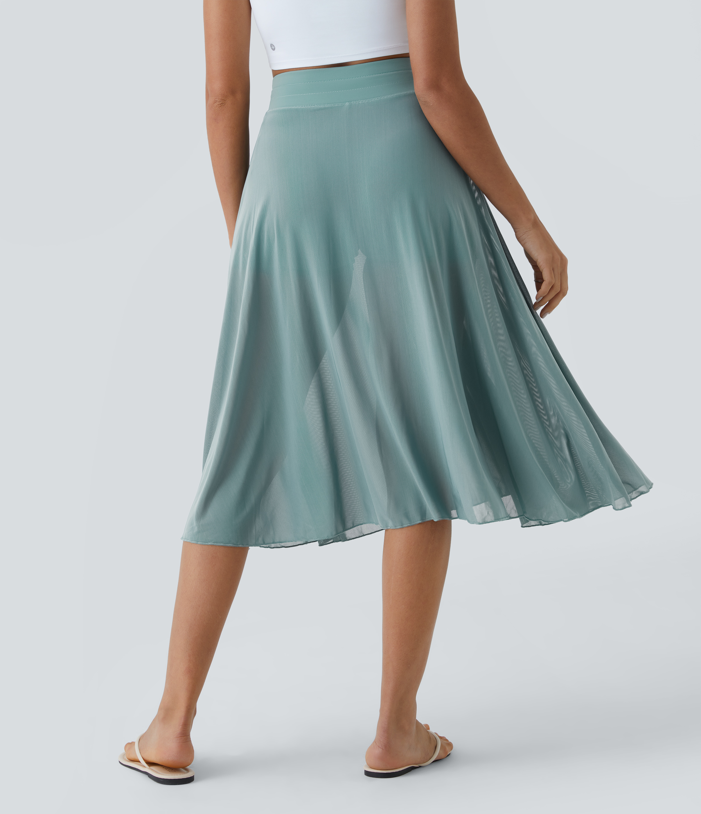 Halara High Waisted Drawstring Contrast Mesh 2-in-1 Side Pocket Flowy Midi Flare Casual Skirt  - Mineral Blue - M midi skirt a line skirt 