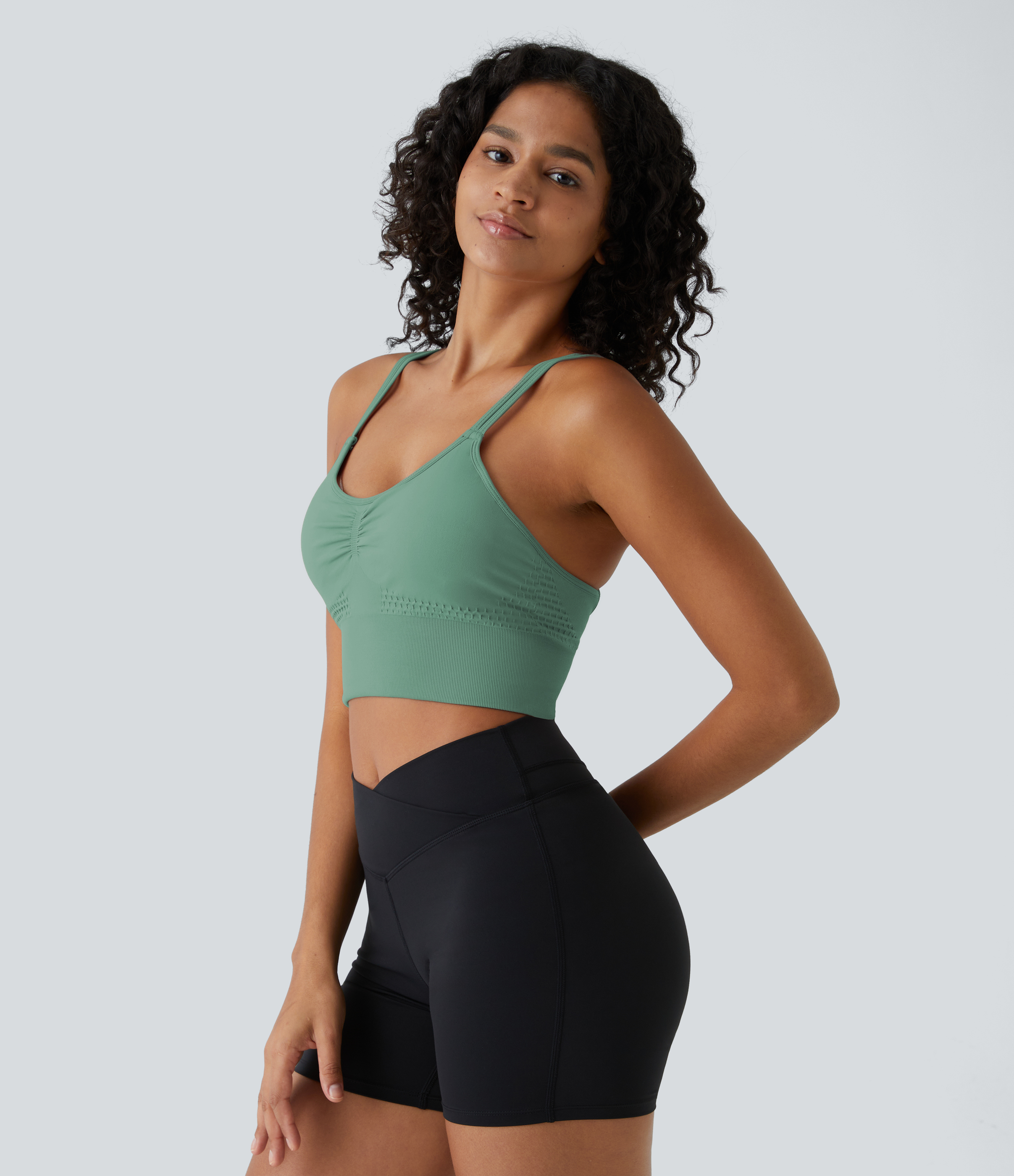 Halara Seamless Flow Low Support Ruched Double Straps Backless Crisscross Sports Bra  - Granite Green - XL push up bra strapless bra 
