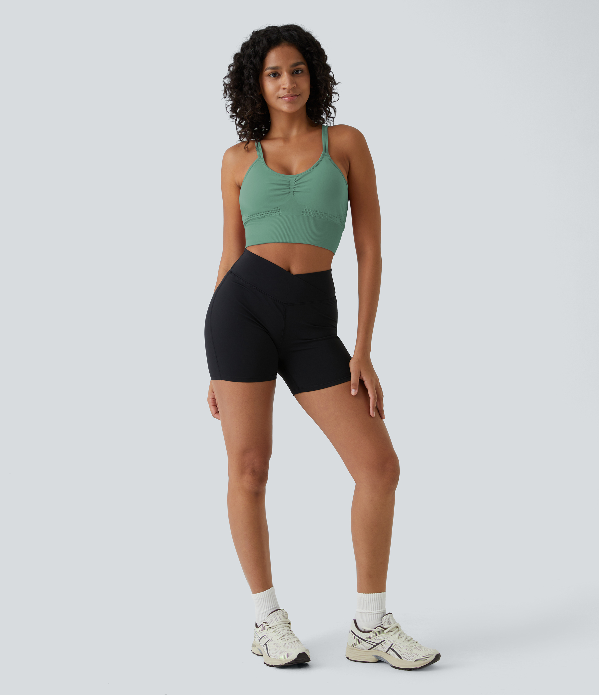 Halara Seamless Flow Low Support Ruched Double Straps Backless Crisscross Sports Bra  - Granite Green - XL push up bra strapless bra 