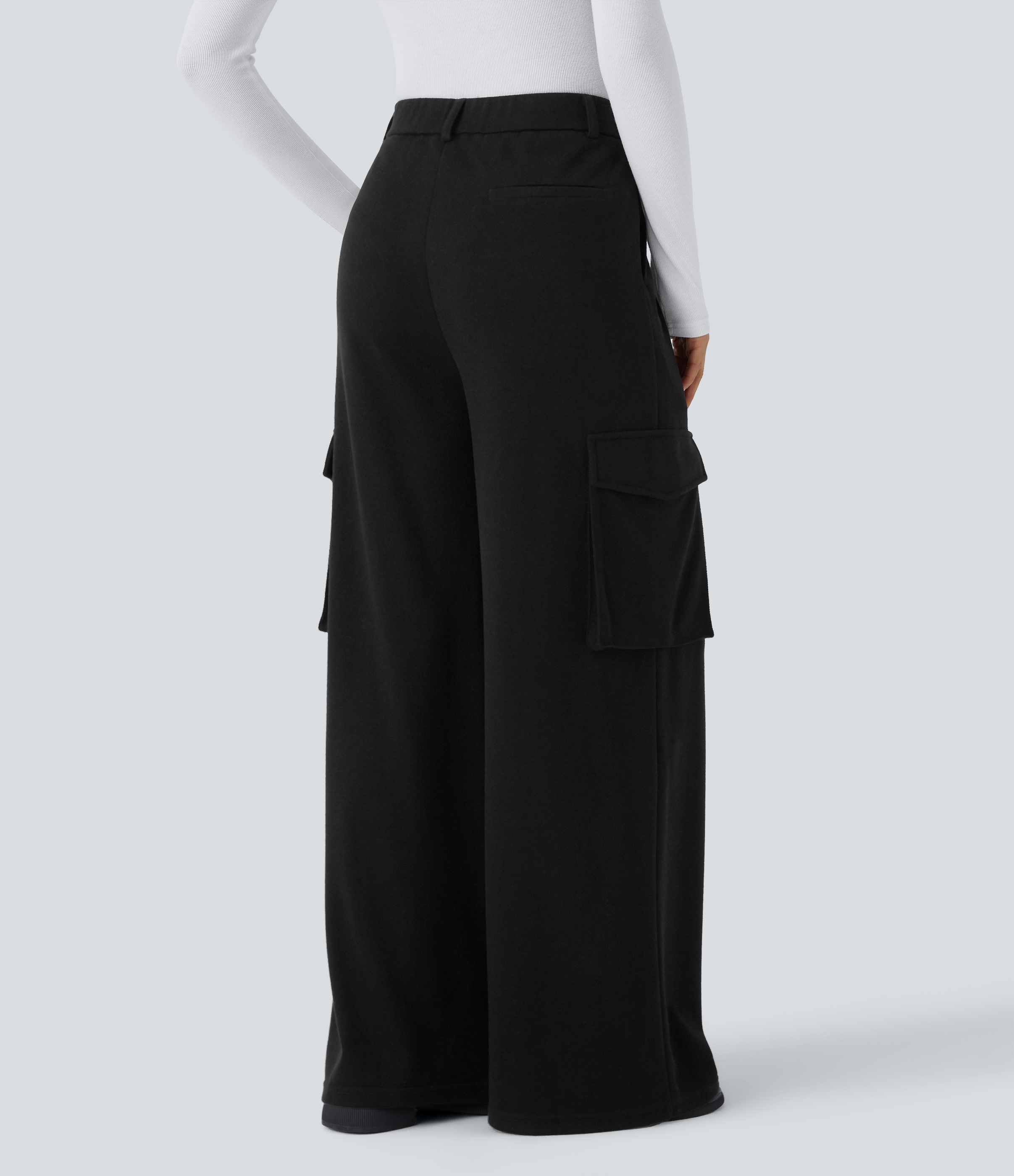Halara High Waisted Zipper Multiple Pockets Wide Leg Work Cargo Pants  - Black - L(regular) sweatpants jogger pants stacked sweatpants 