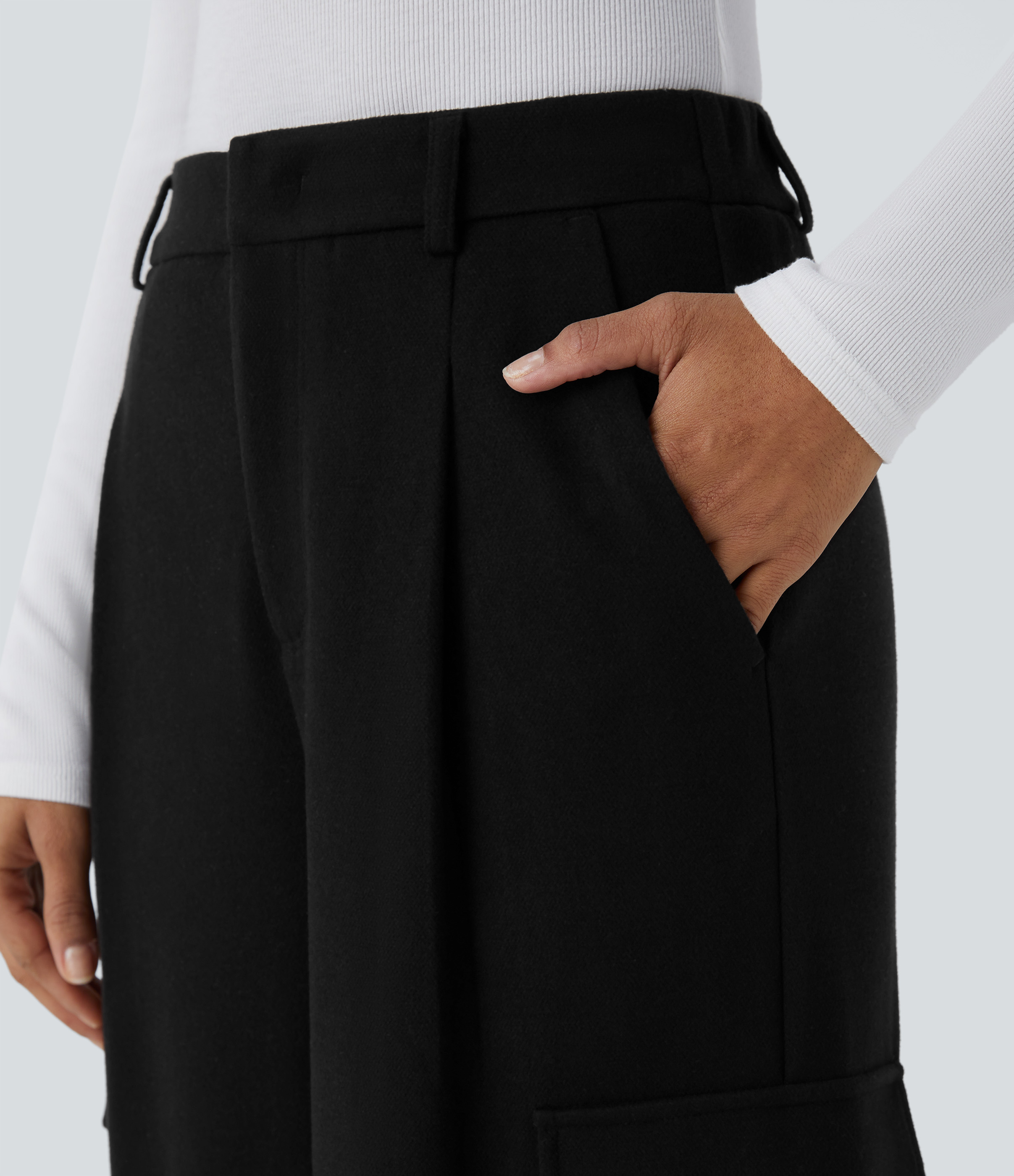 Halara High Waisted Zipper Multiple Pockets Wide Leg Work Cargo Pants  - Black - L(regular) sweatpants jogger pants stacked sweatpants 
