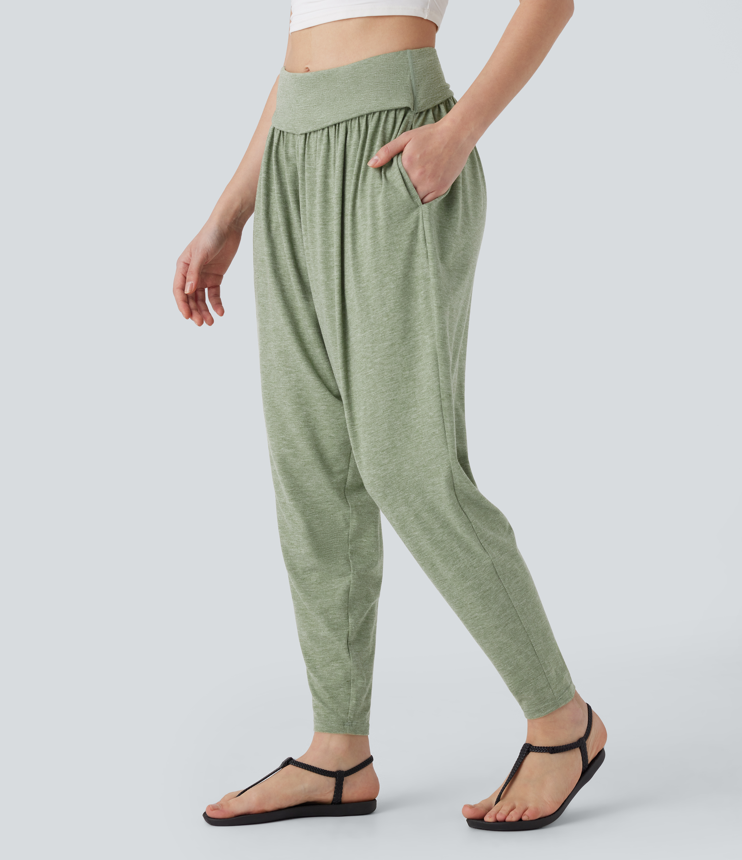 Halara High Waisted Side Pocket Resort Harem Pants  - Light Green Floral Yarn - XS(regular) sweatpants jogger pants stacked sweatpants 