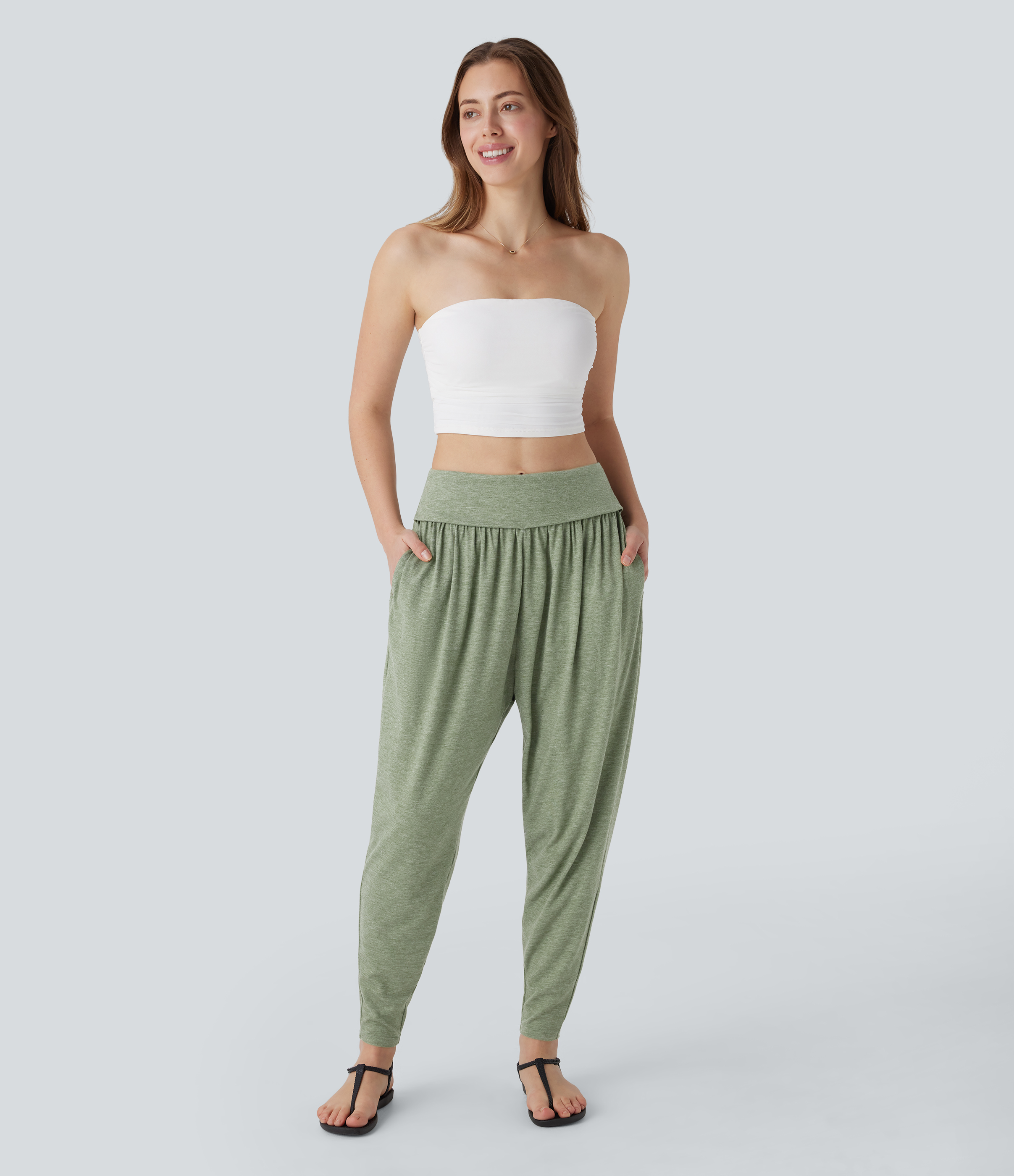 Halara High Waisted Side Pocket Resort Harem Pants  - Light Green Floral Yarn - XS(regular) sweatpants jogger pants stacked sweatpants 