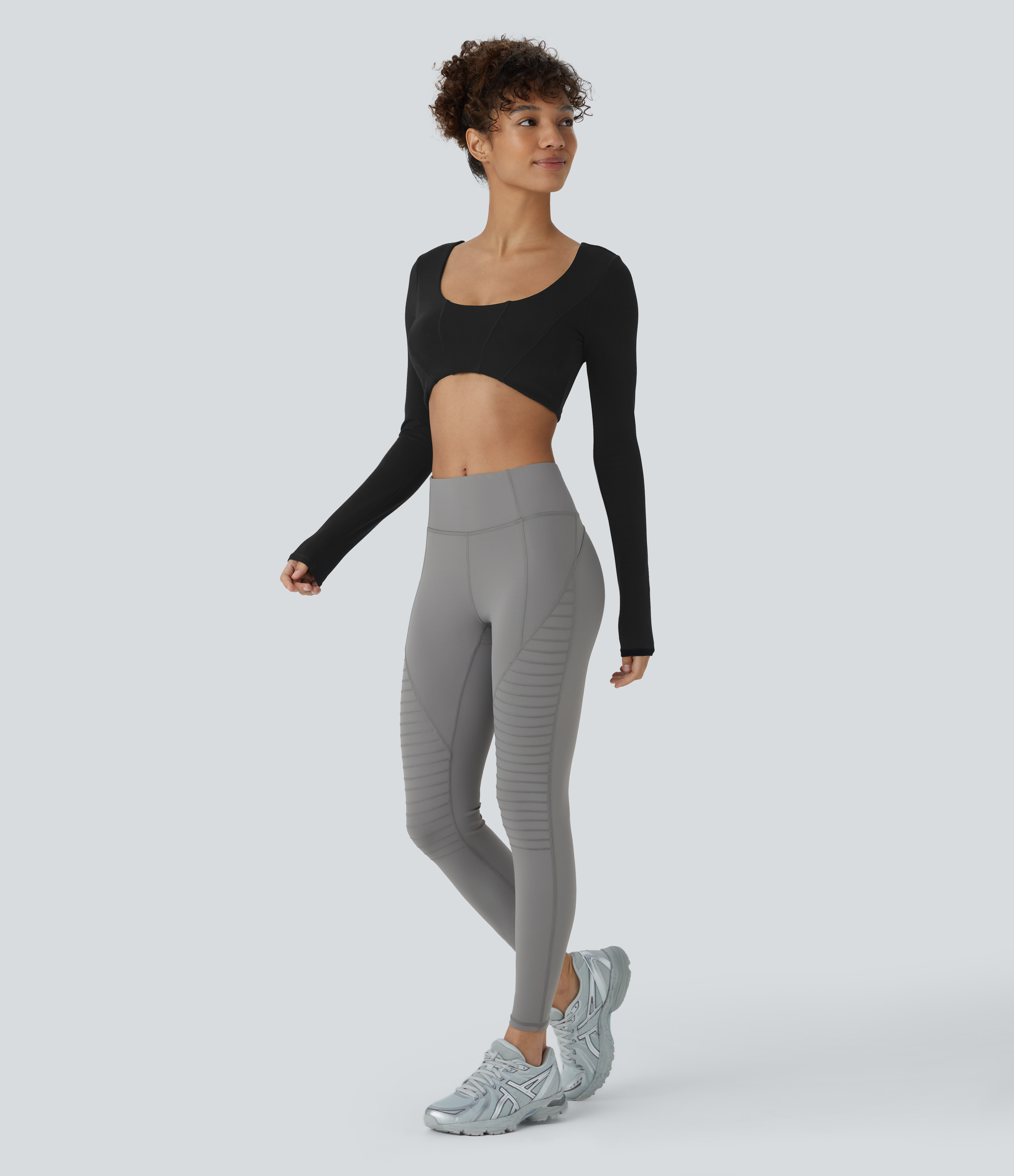 Halara Mid Rise Top-stitching 7/8 Casual Moto Leggings  - Silent Storm - L(7/8) gym leggings leggings with pockets leggings with butt lift 