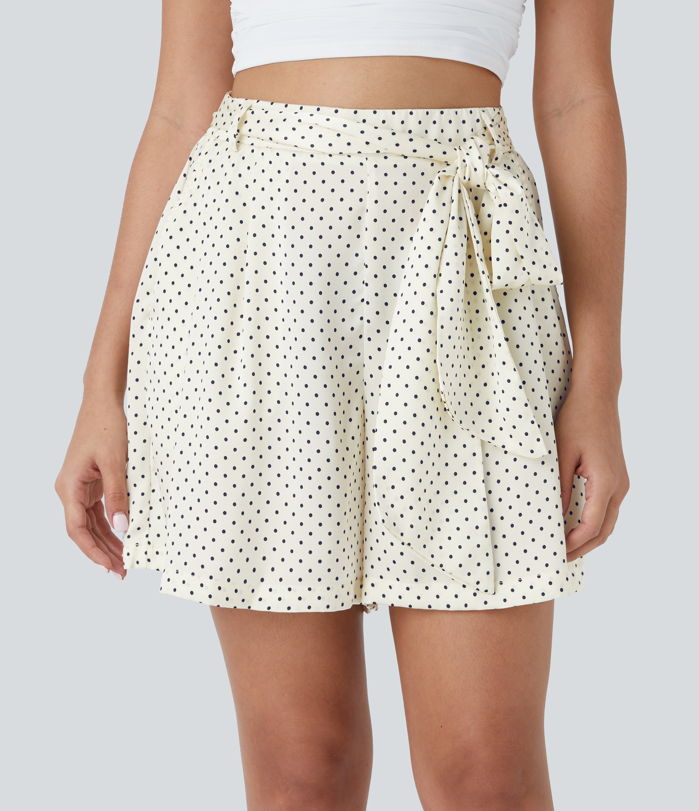 Halara High Waisted Belted Side Pocket Polka Dot Resort Shorts  - Light Beige Polka Dots - L 
