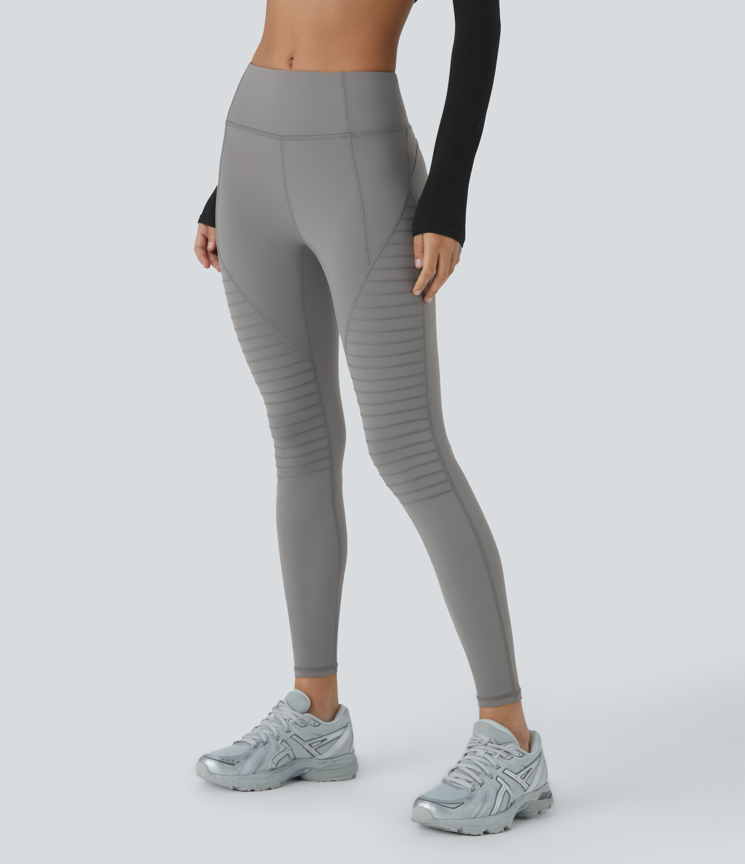 Halara Mid Rise Top-stitching 7/8 Casual Moto Leggings  - Silent Storm - L(7/8) gym leggings leggings with pockets leggings with butt lift 