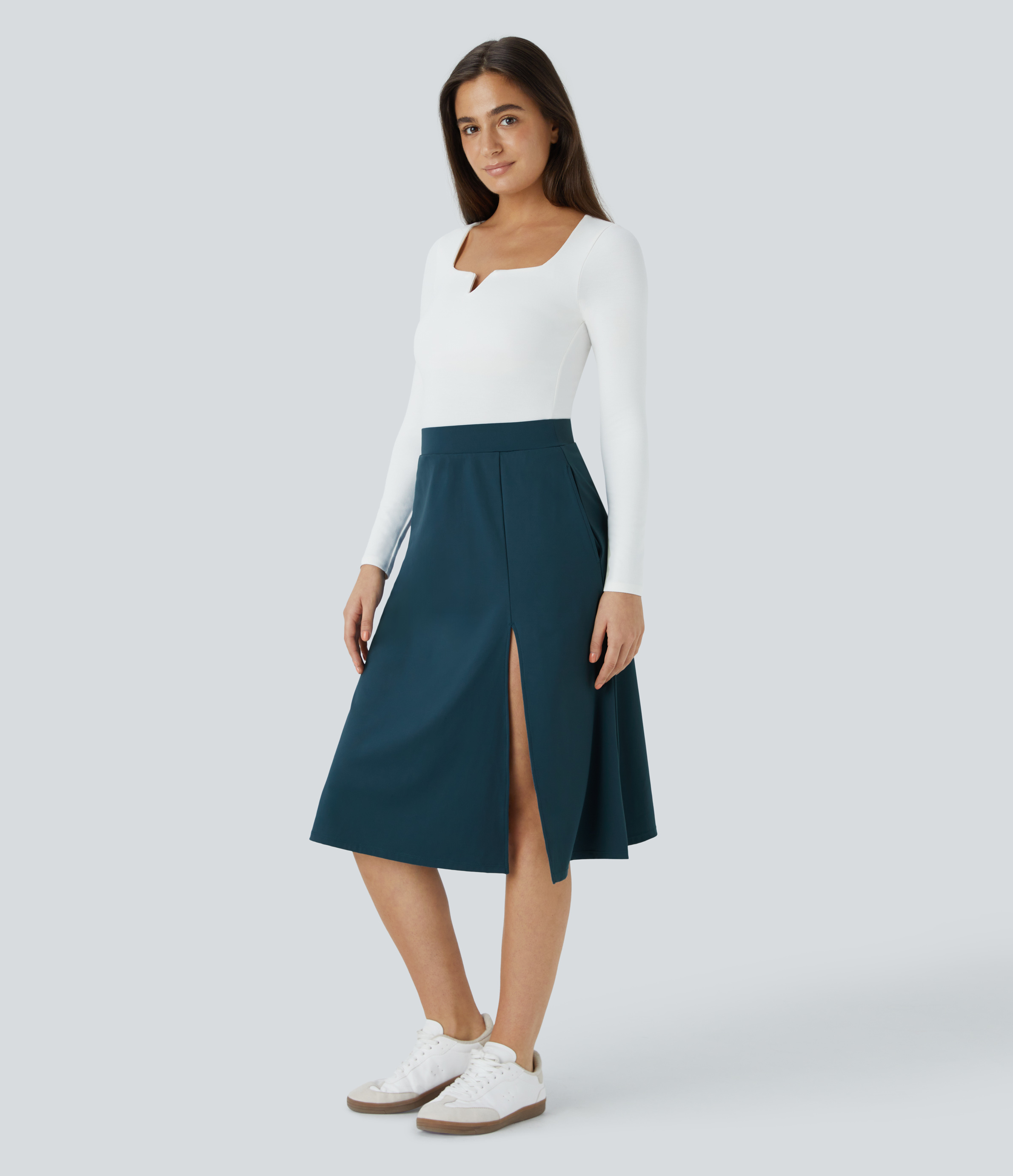 Halara High Waisted Side Pocket Split Midi Casual Skirt  - Majolica Blue - S 
