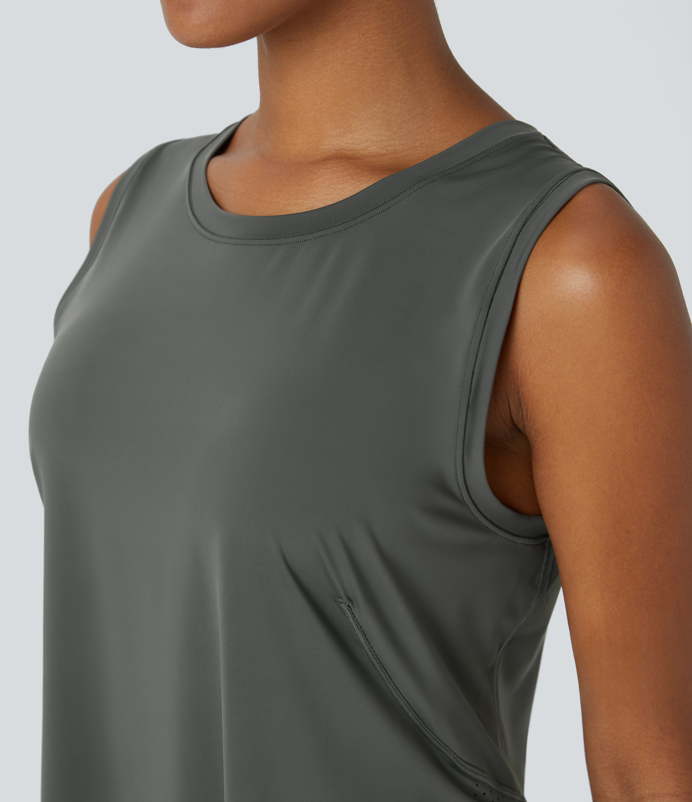 Halara Round Neck Mesh Curved Hem Tennis Tank Top Tank Top - Gunmetal - XS golf tops halter top tunic tops sleeveless tops backless top 
