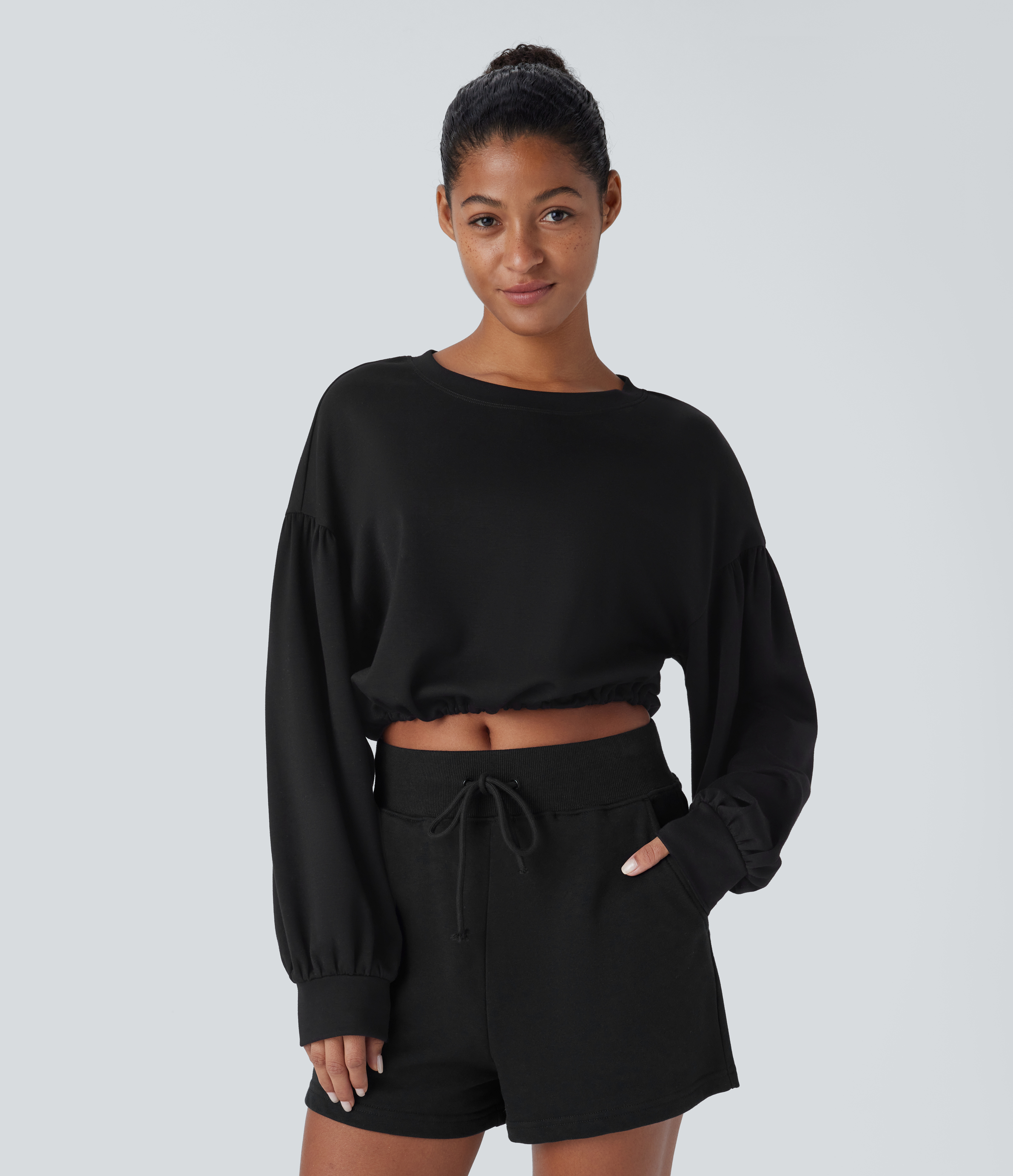 Halara Backless Drawstring Tie Back Bishop Sleeve Cropped Casual Sweatshirt  - Black - L 