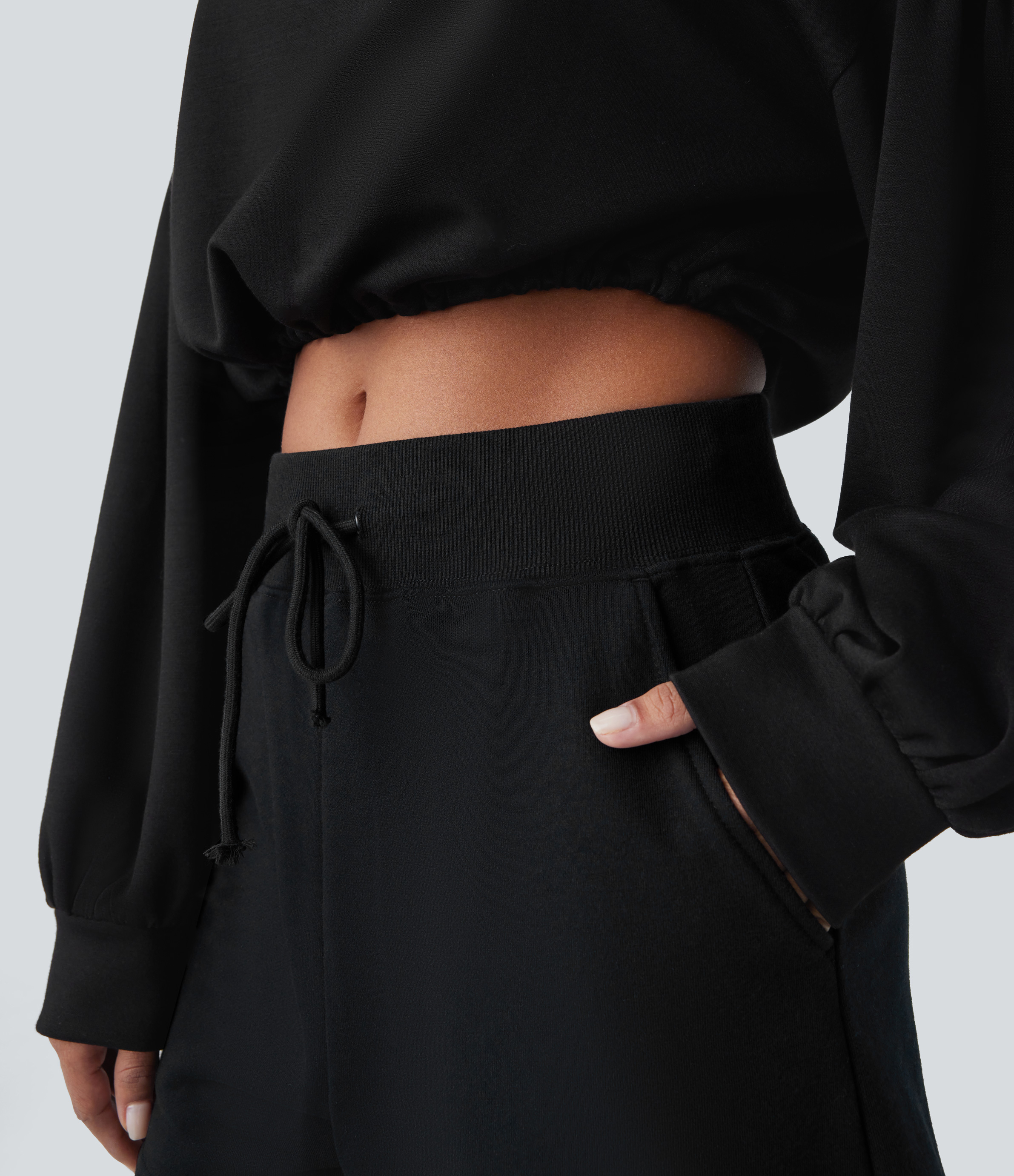 Halara Backless Drawstring Tie Back Bishop Sleeve Cropped Casual Sweatshirt  - Black - L 