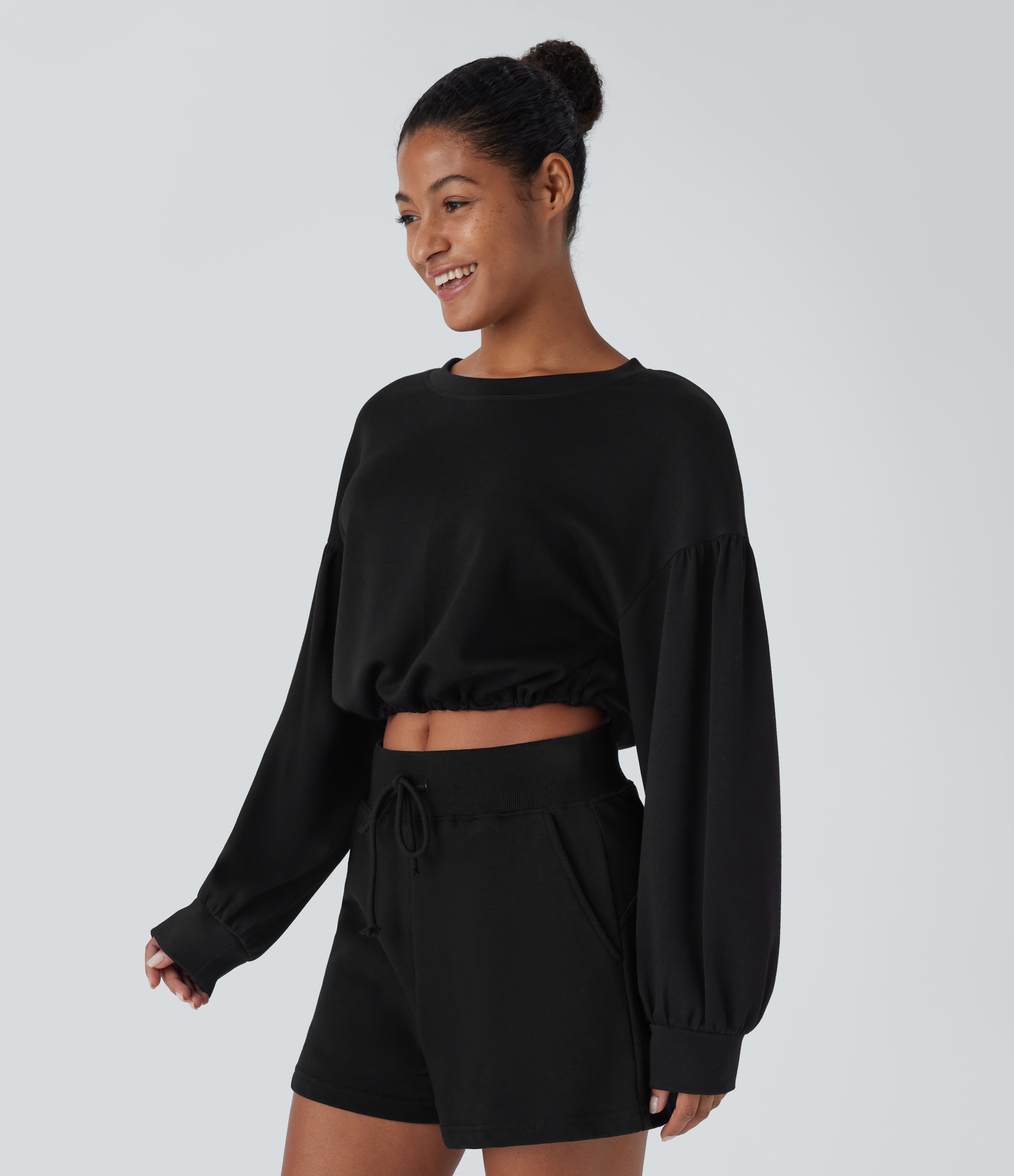 Halara Backless Drawstring Tie Back Bishop Sleeve Cropped Casual Sweatshirt  - Black - L 