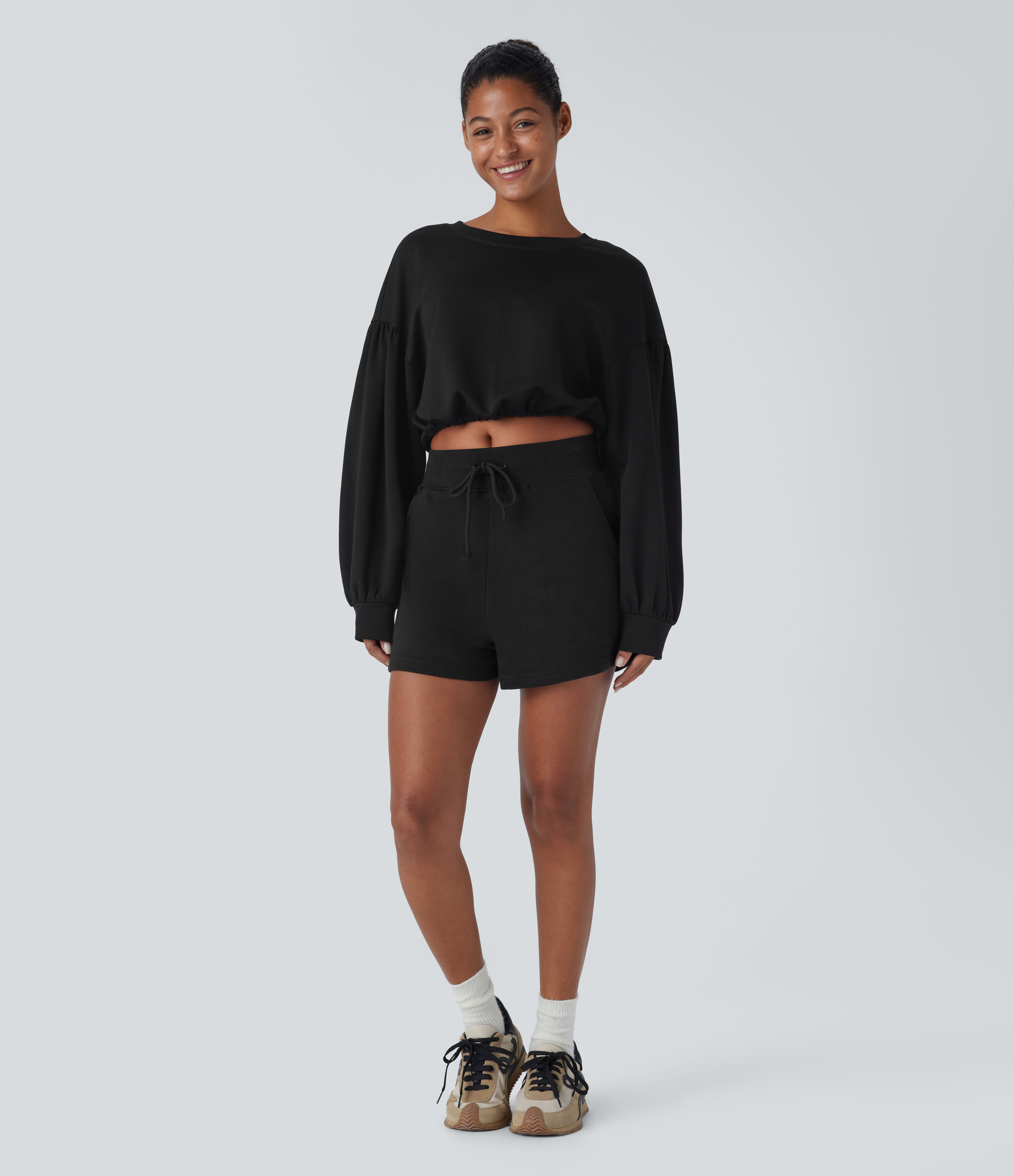 Halara Backless Drawstring Tie Back Bishop Sleeve Cropped Casual Sweatshirt  - Black - L 