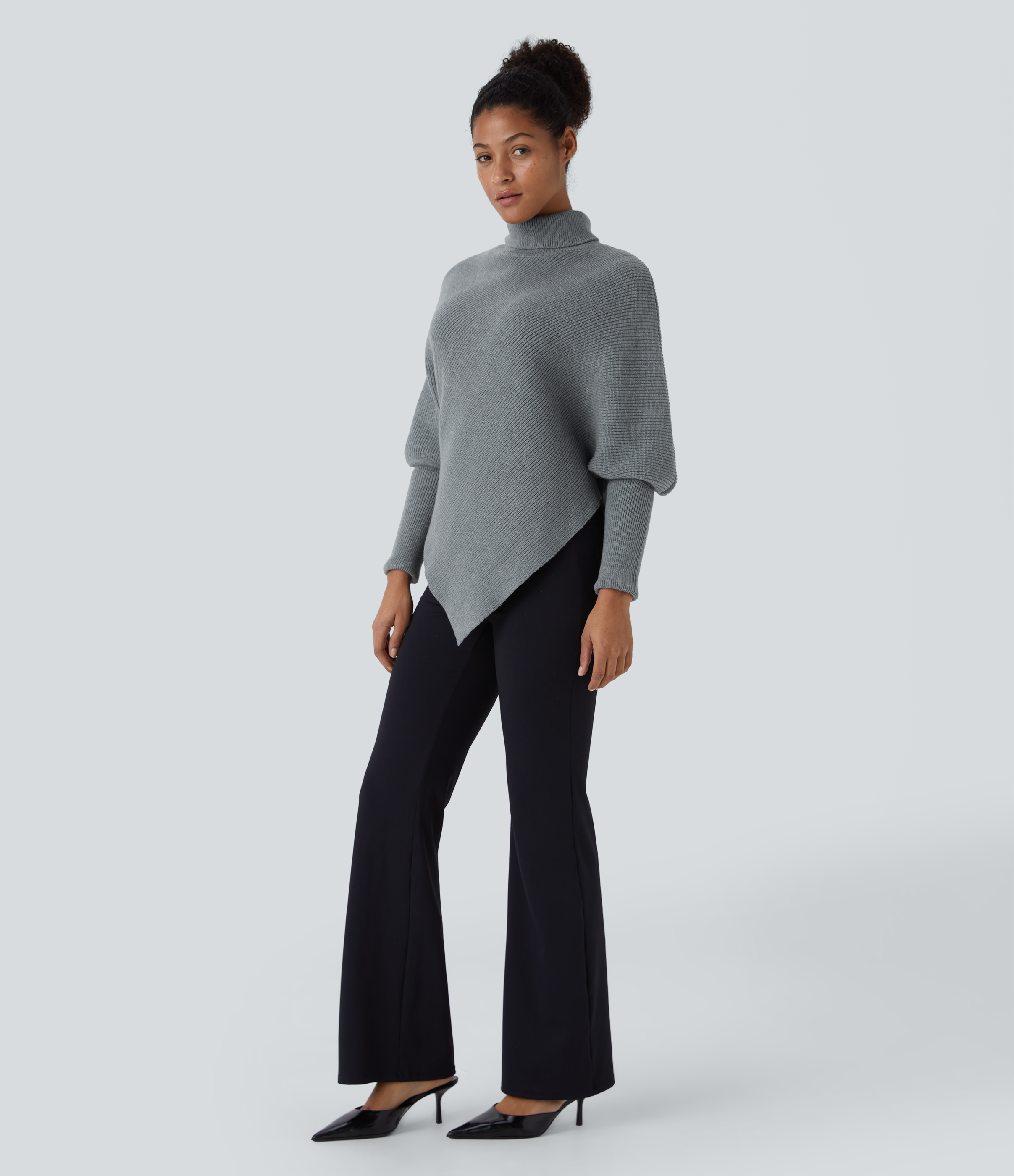 Halara High Neck Long Sleeve Asymmetric Hem Work Sweater  - Mottled Cloud Grey - XS 
