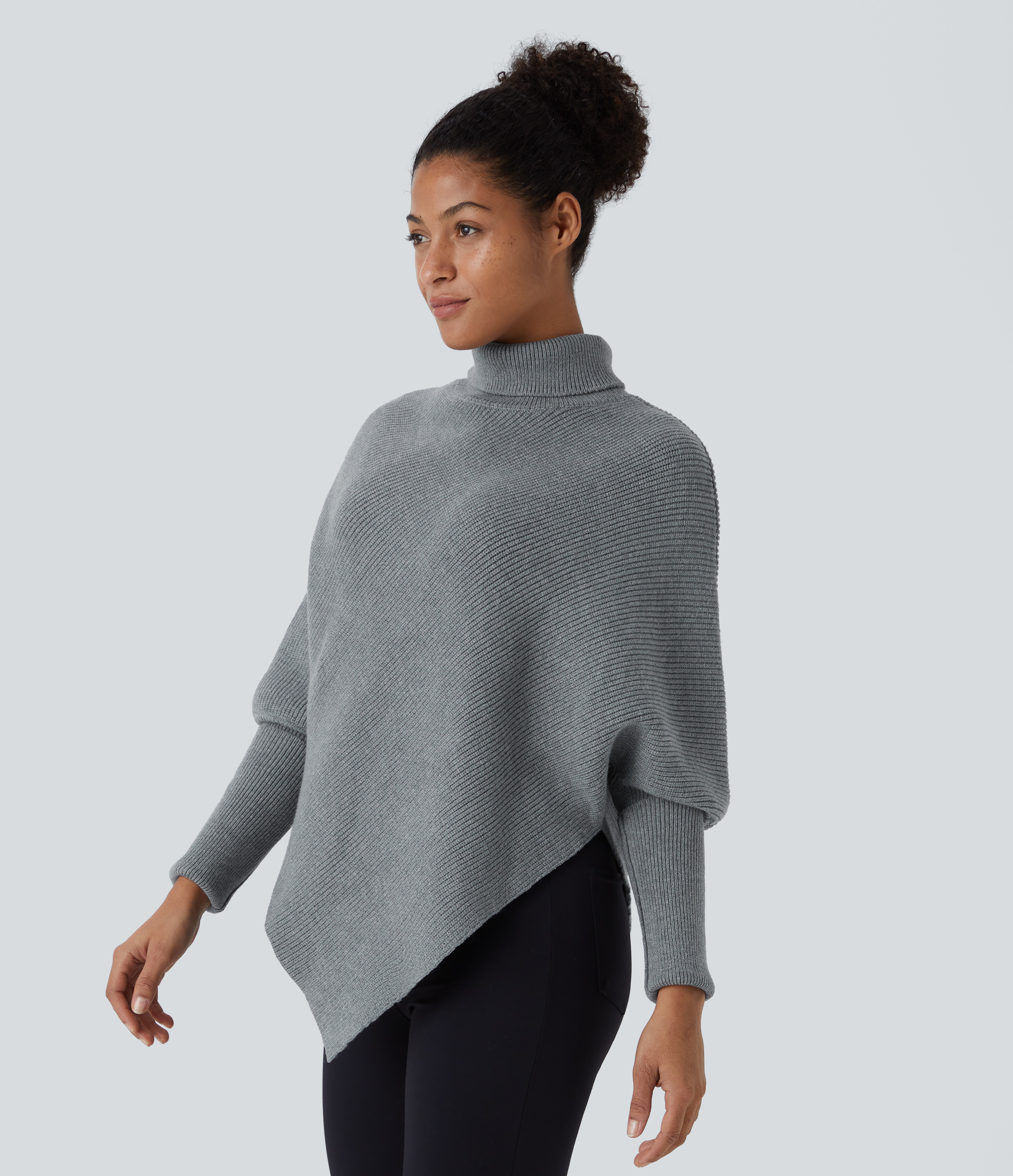 Halara High Neck Long Sleeve Asymmetric Hem Work Sweater  - Mottled Cloud Grey - XS 