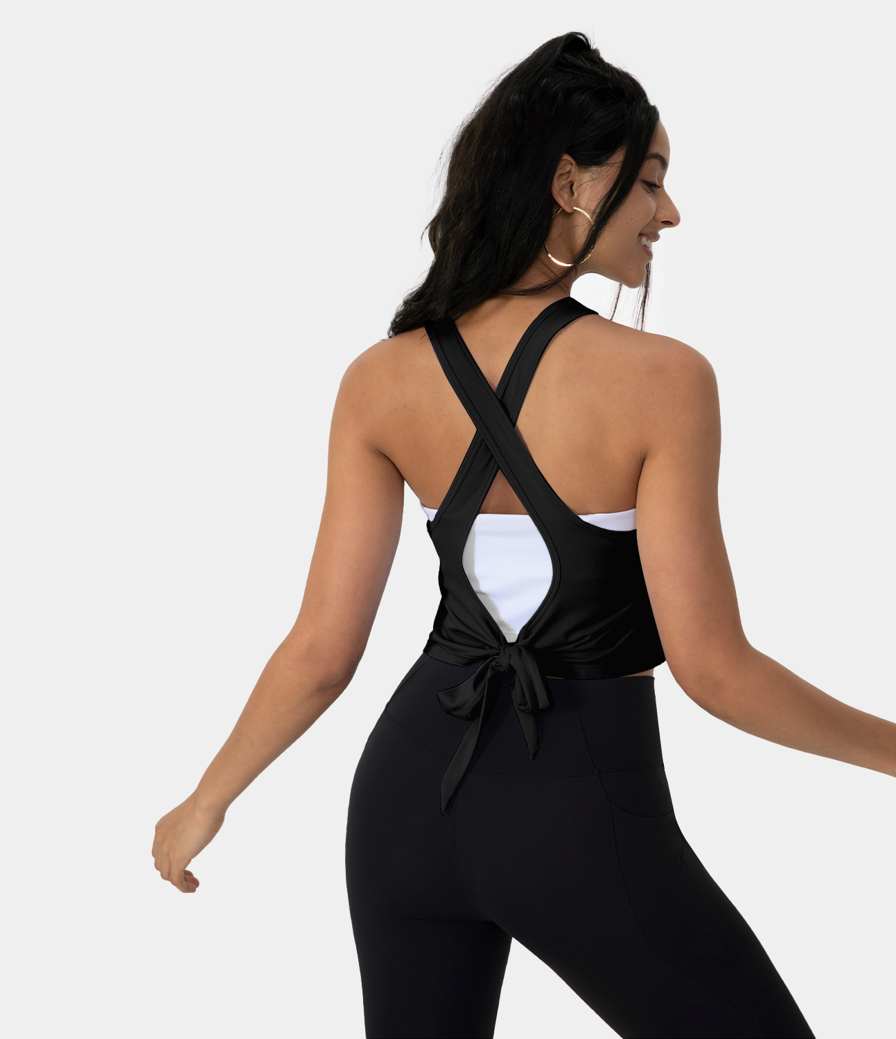Halara Solid Backless Crisscross Tie Back Cool Touch Tank Top Tank Top - Black - L golf tops halter top tunic tops sleeveless tops 
