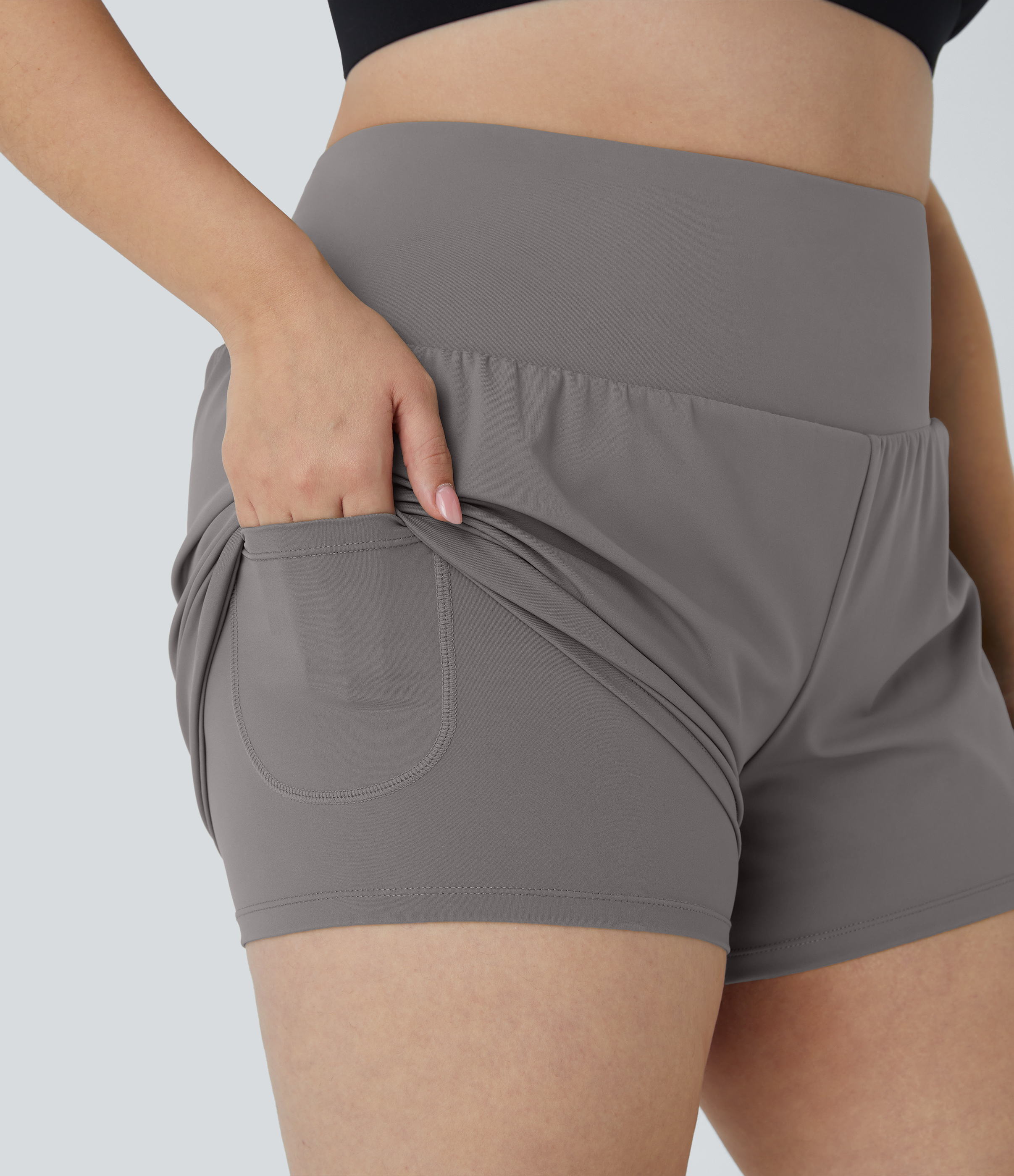 Halara Back Pocket Plus Side Hidden Pocket 2-in-1 Gym Plus Size Shorts 3.5``  - Steeple Gray - 1X 