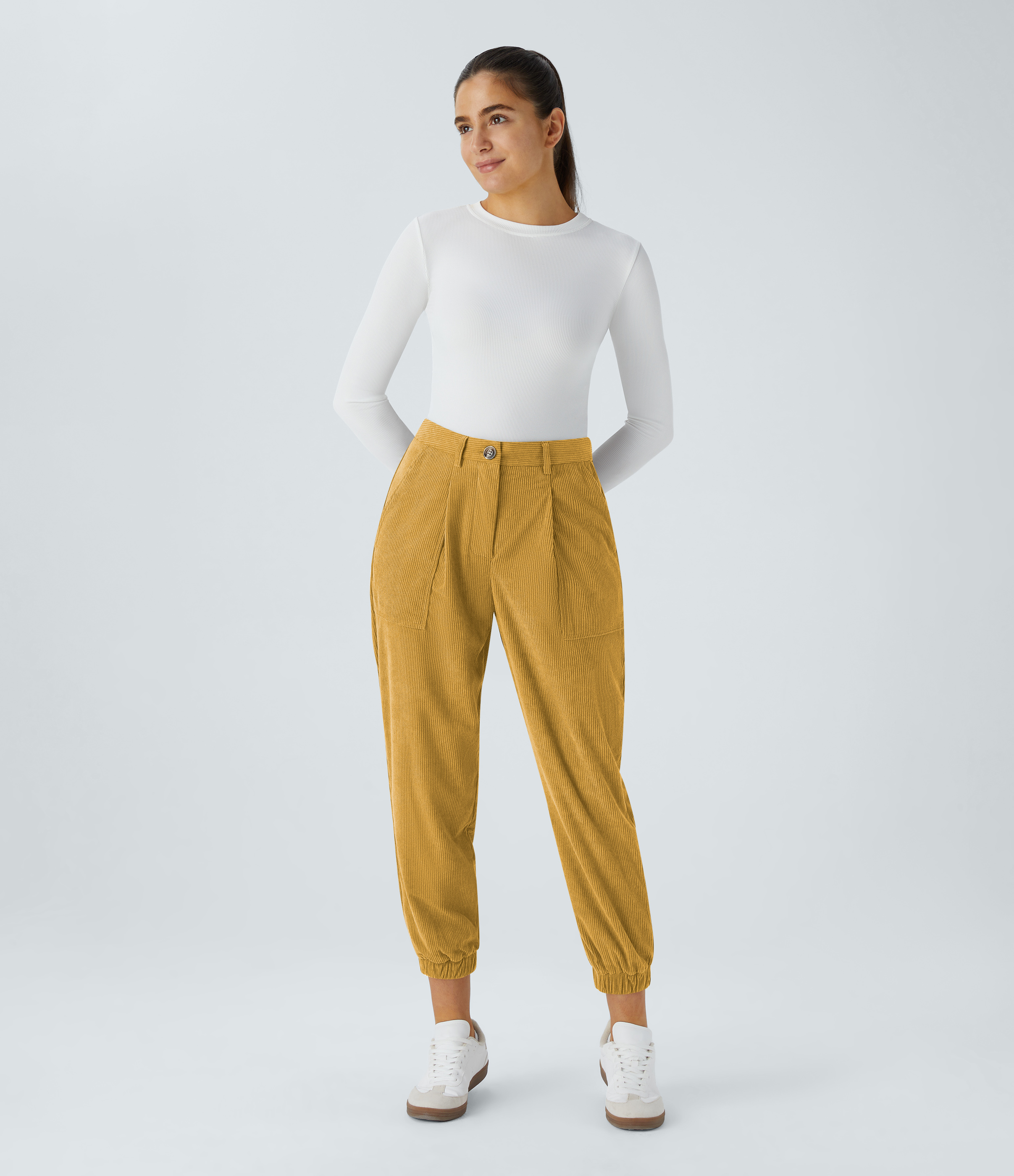 Halara Mid Rise Button Zipper Multiple Pockets Corduroy Casual Joggers  - Autumn Yellow - XS(regular) 