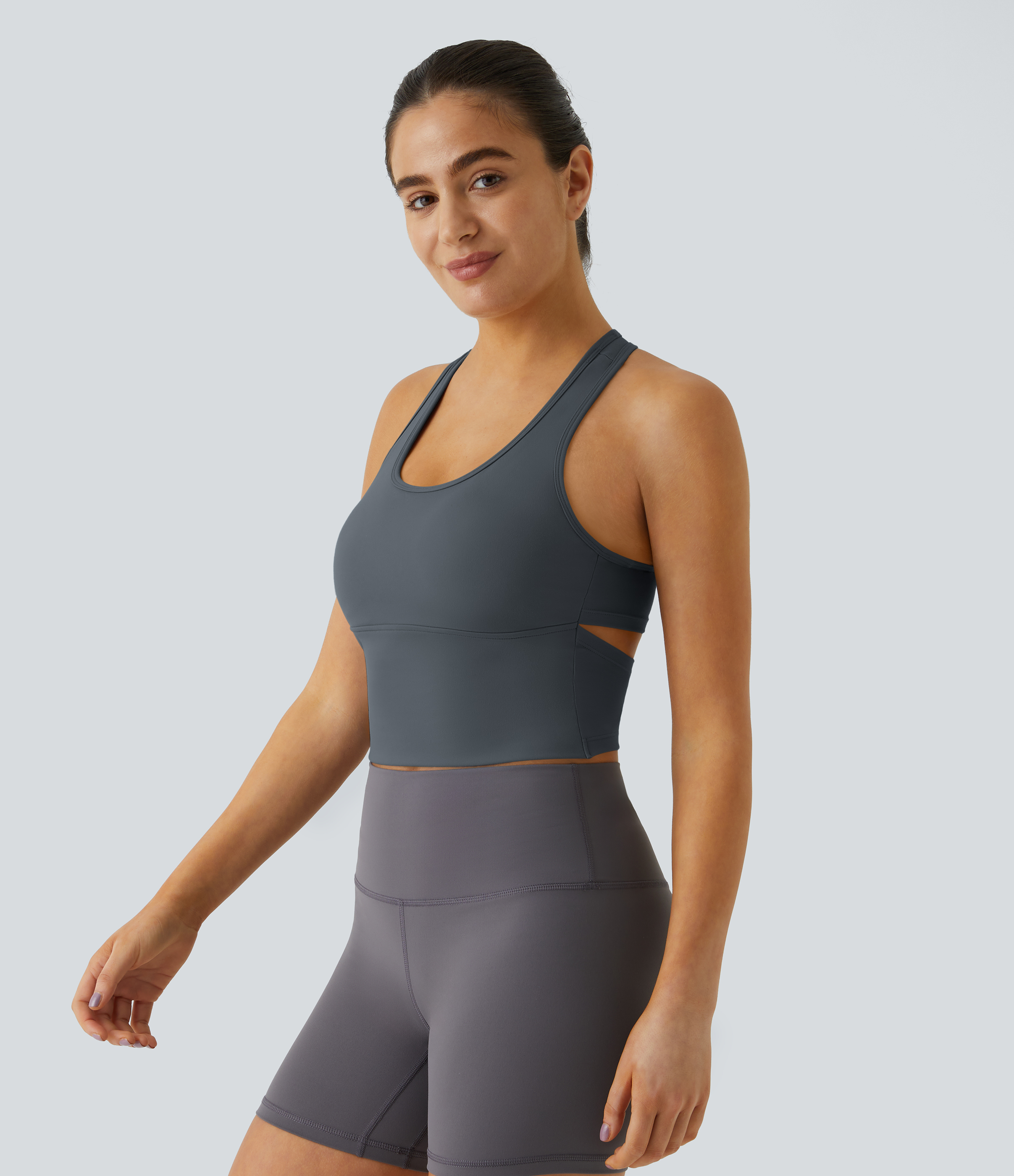 Halara In My Feels Cloudfulв„ў Fabric U Neck Backless Racerback Cut Out Cropped Yoga Tank Top Tank Top - Turbulence - M golf tops halter top 