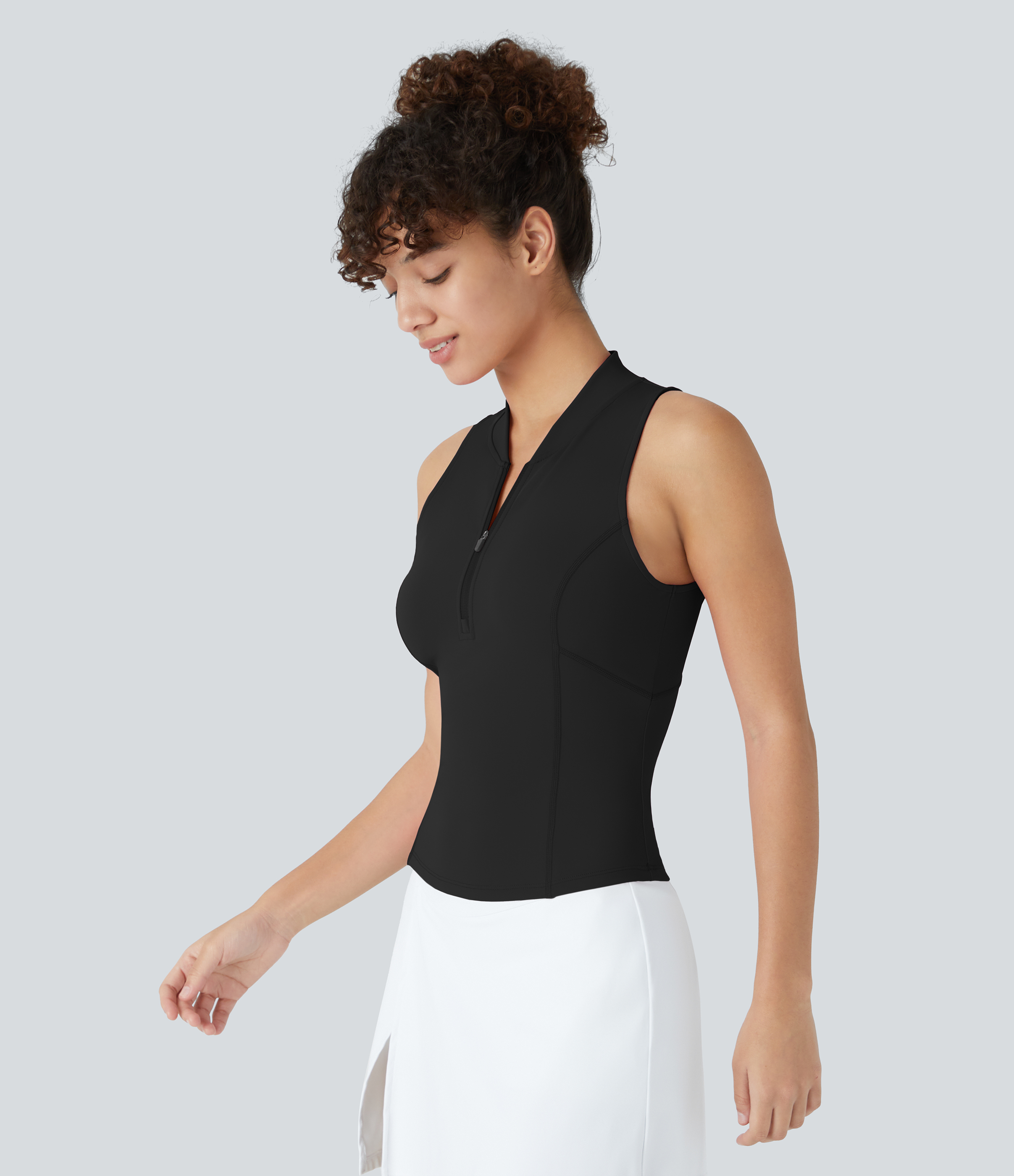 Halara Baseball Collar Half Zipper Slim Quick Dry Golf Tank Top Tank Top - Black - S golf tops halter top tunic tops sleeveless tops 