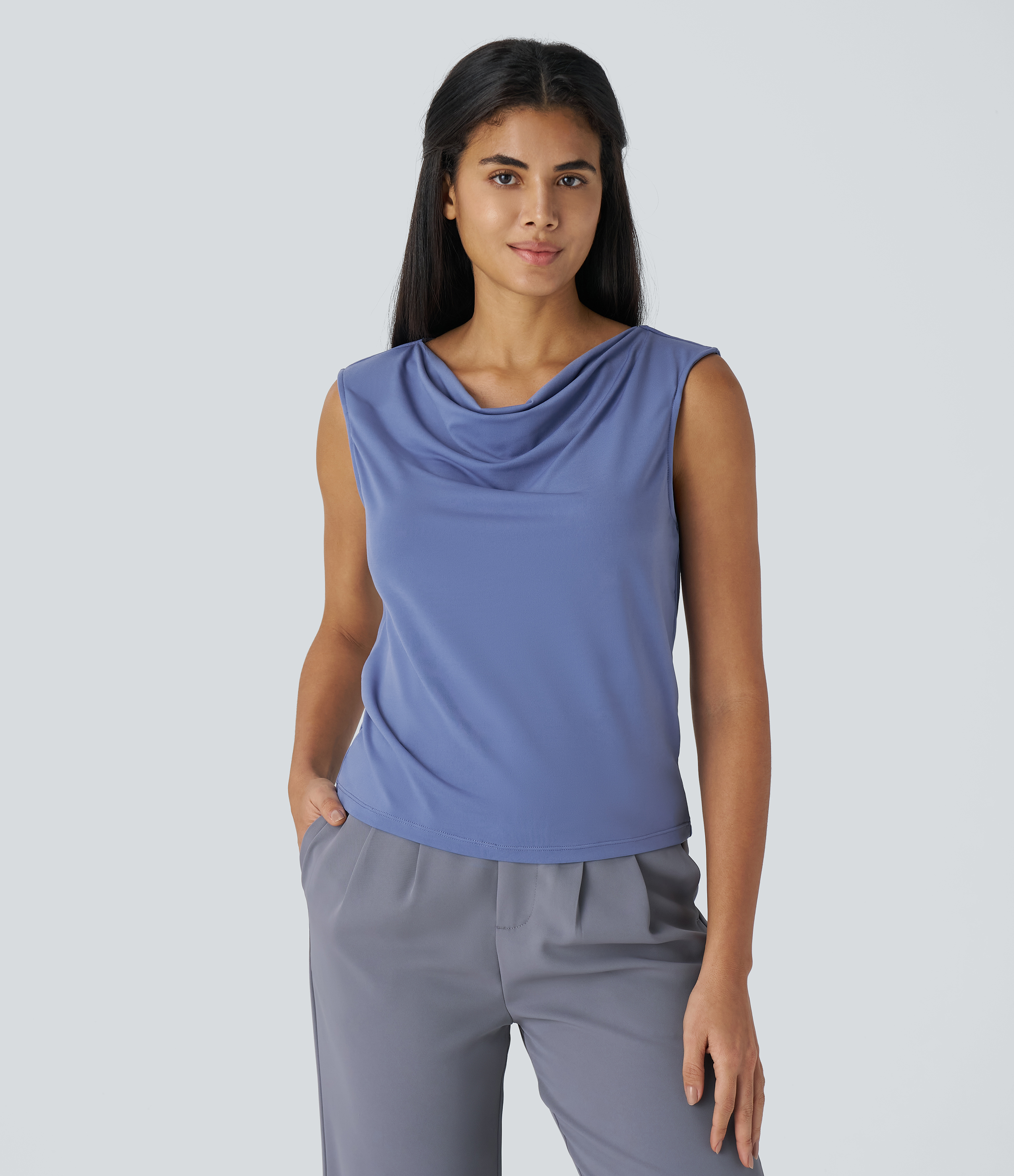 Halara Cowl Neck Sleeveless Work Blouse  - Bleached Denim - XS 