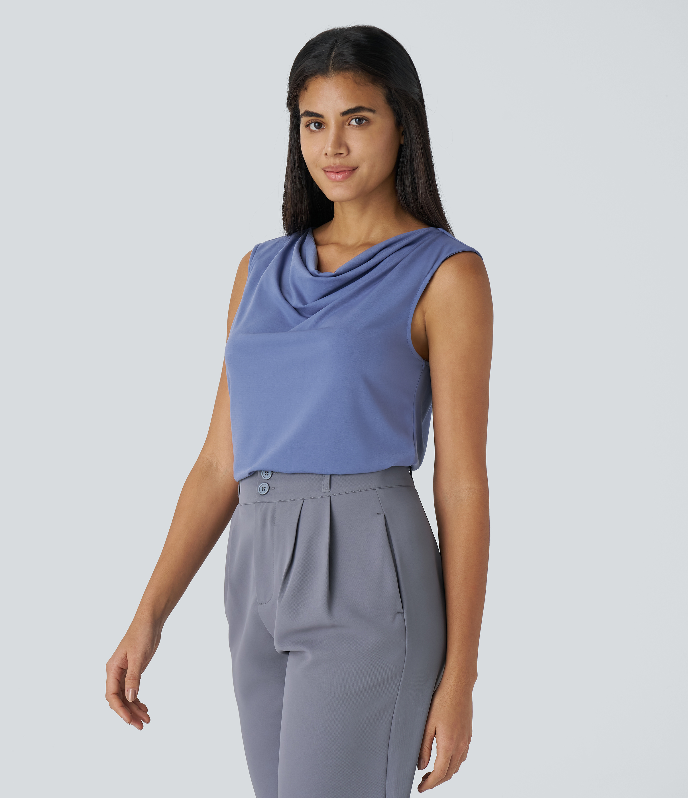 Halara Cowl Neck Sleeveless Work Blouse  - Bleached Denim - XS 