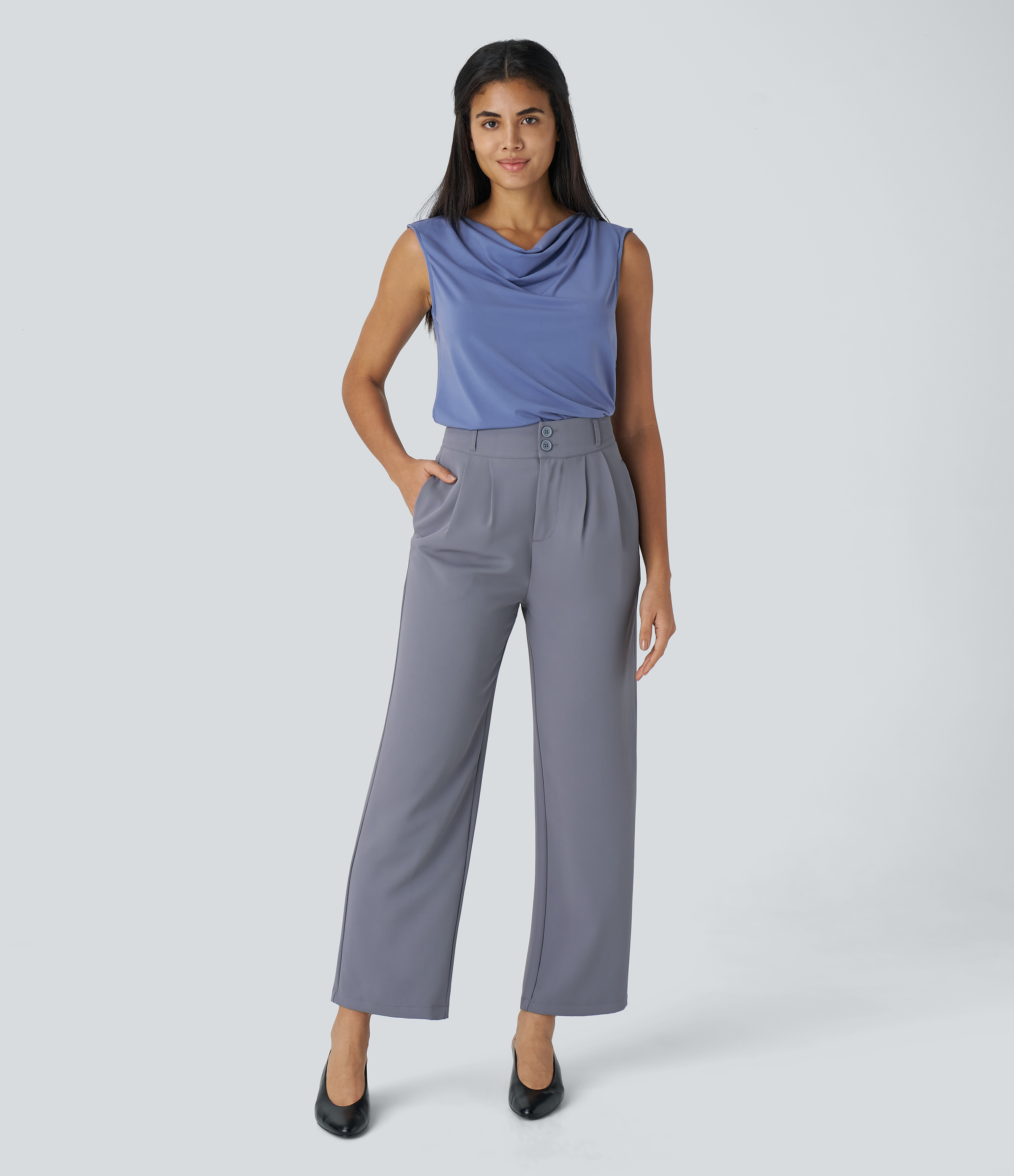 Halara Cowl Neck Sleeveless Work Blouse  - Bleached Denim - XS 