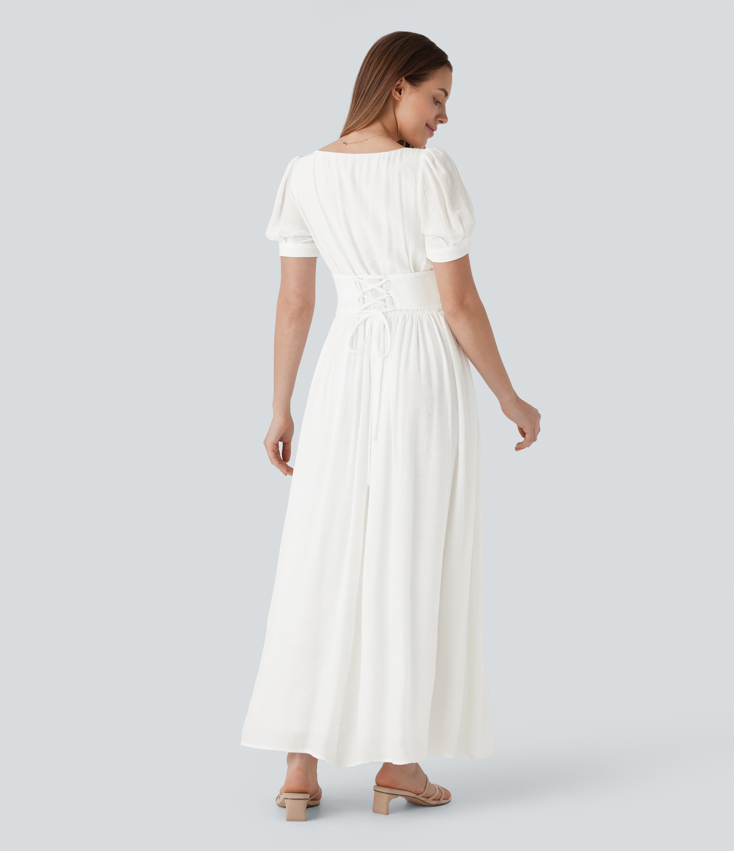 Blanco Vestido maxi largo resort fluido cuello cuadrado manga abullonada tiro ceñido cordón / 2