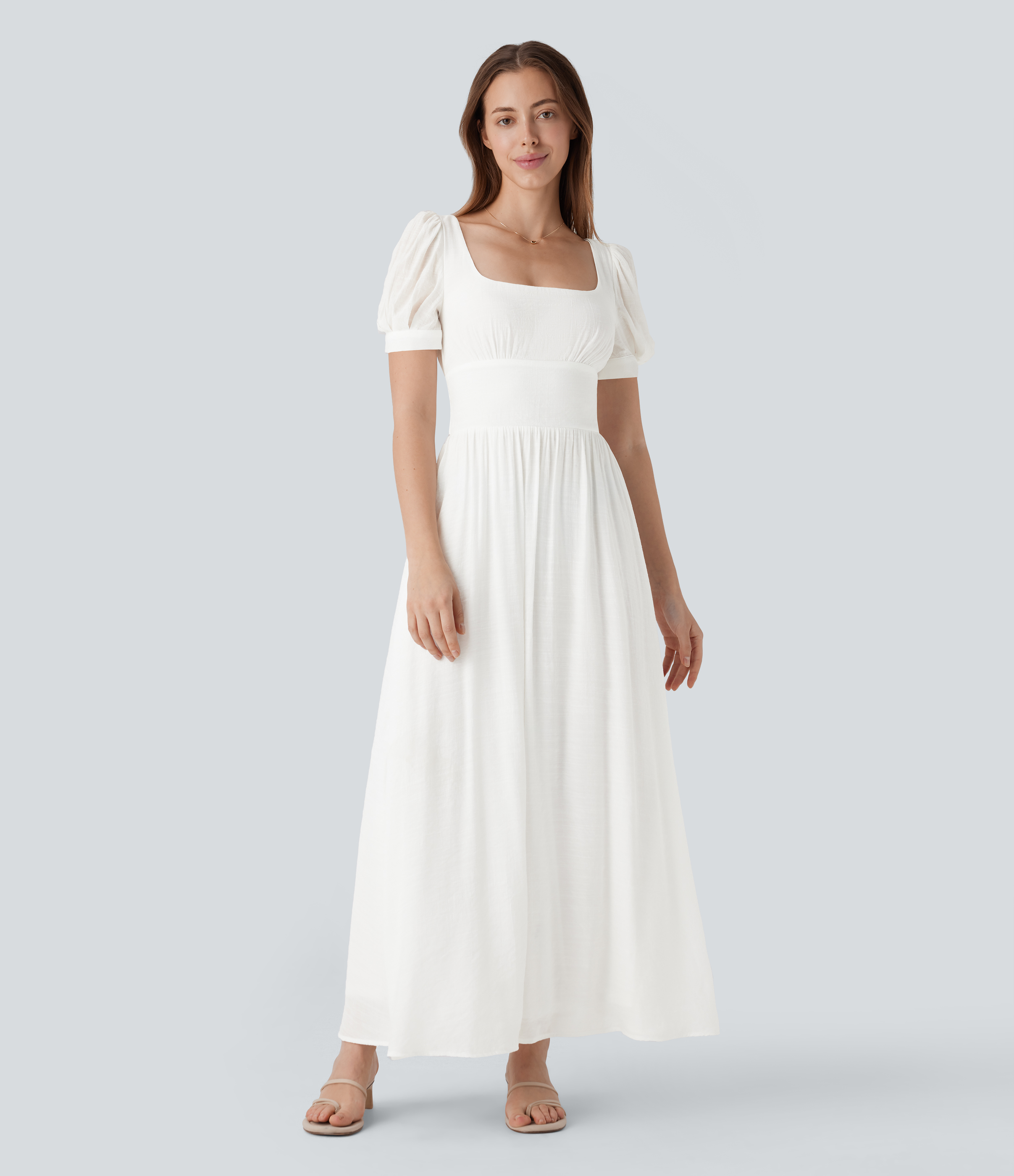 Women's Square Neck Puff Sleeve Lace Up Cinched Waist Flowy Maxi Dress -  Halara