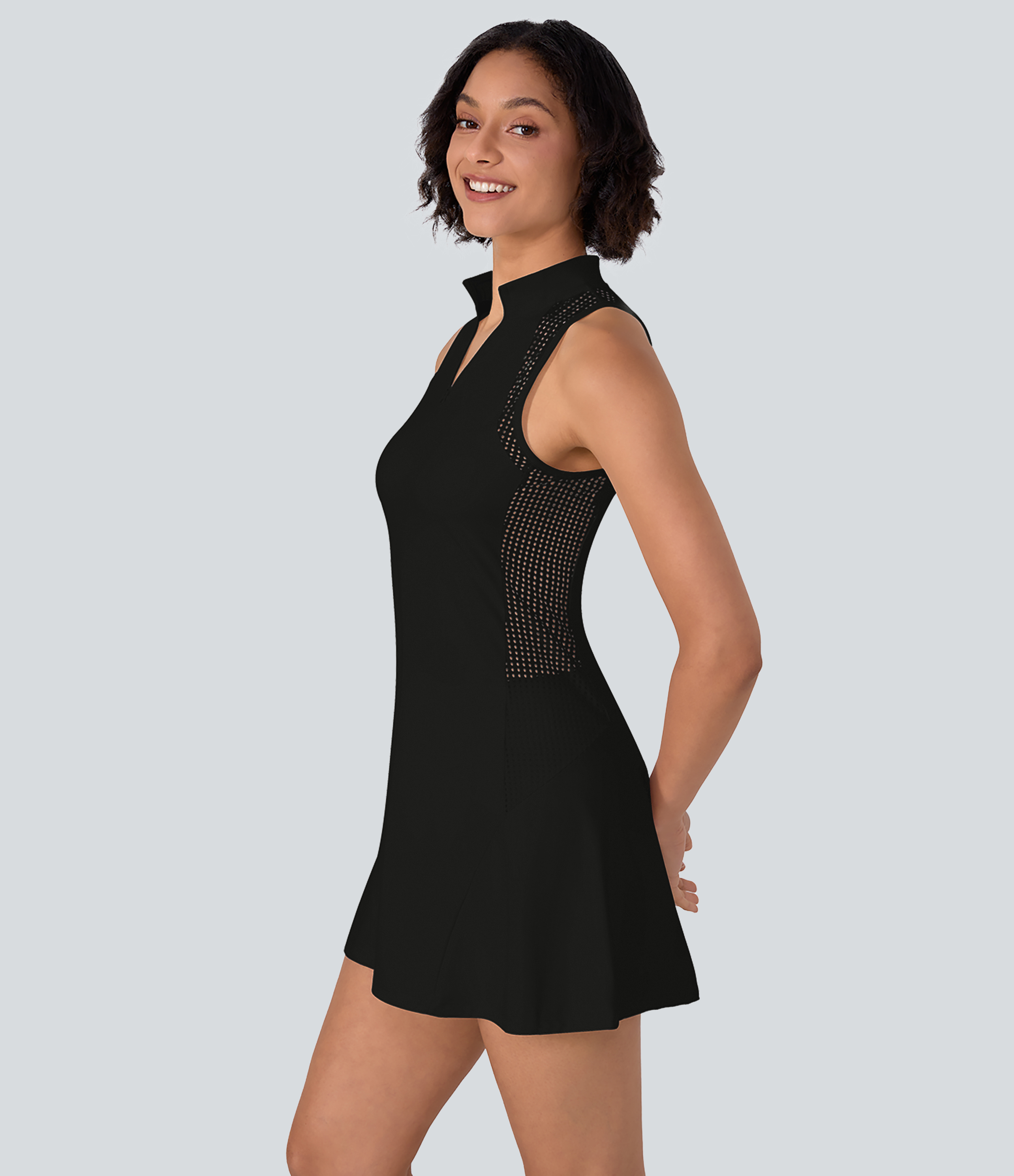 Halara Half Zip Contrast Mesh Side Pocket 2-Piece Mini Tennis Active Dress Workout Dress - Black - XL 