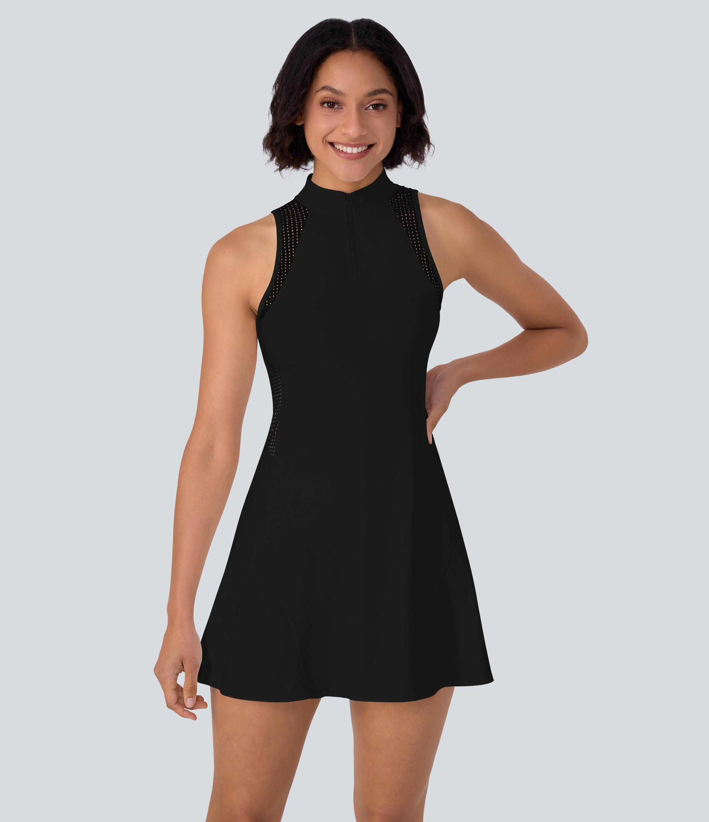 Halara Half Zip Contrast Mesh Side Pocket 2-Piece Mini Tennis Active Dress Workout Dress - Black - XL 
