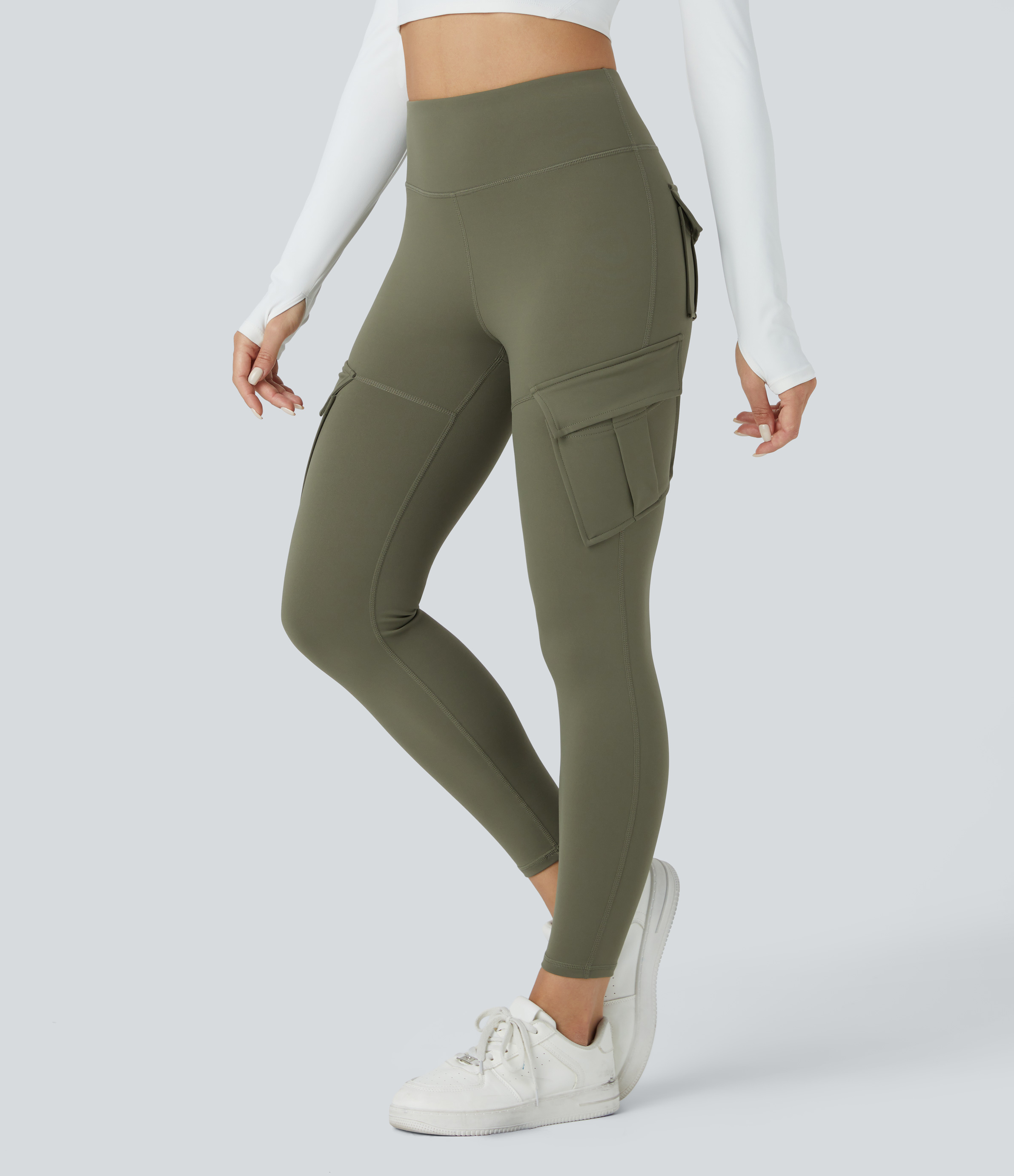 Halara Softlyzeroв„ў Fleece High Waisted Cargo Pocket Skinny 7/8 Yoga Leggings  - Grass Grey Green - XL(7/8) gym leggings leggings with pockets 