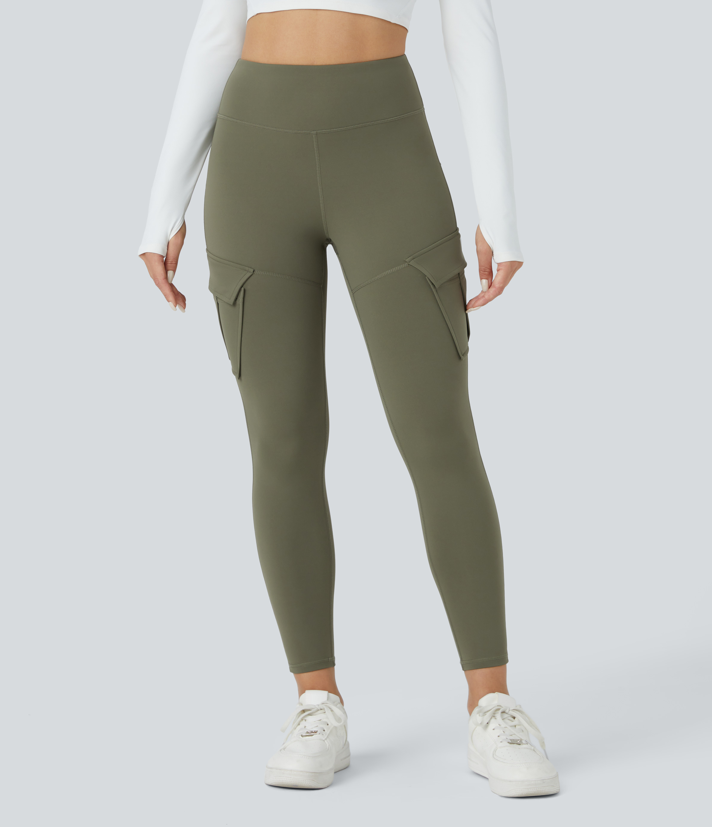 Halara Softlyzeroв„ў Fleece High Waisted Cargo Pocket Skinny 7/8 Yoga Leggings  - Grass Grey Green - XL(7/8) gym leggings leggings with pockets 