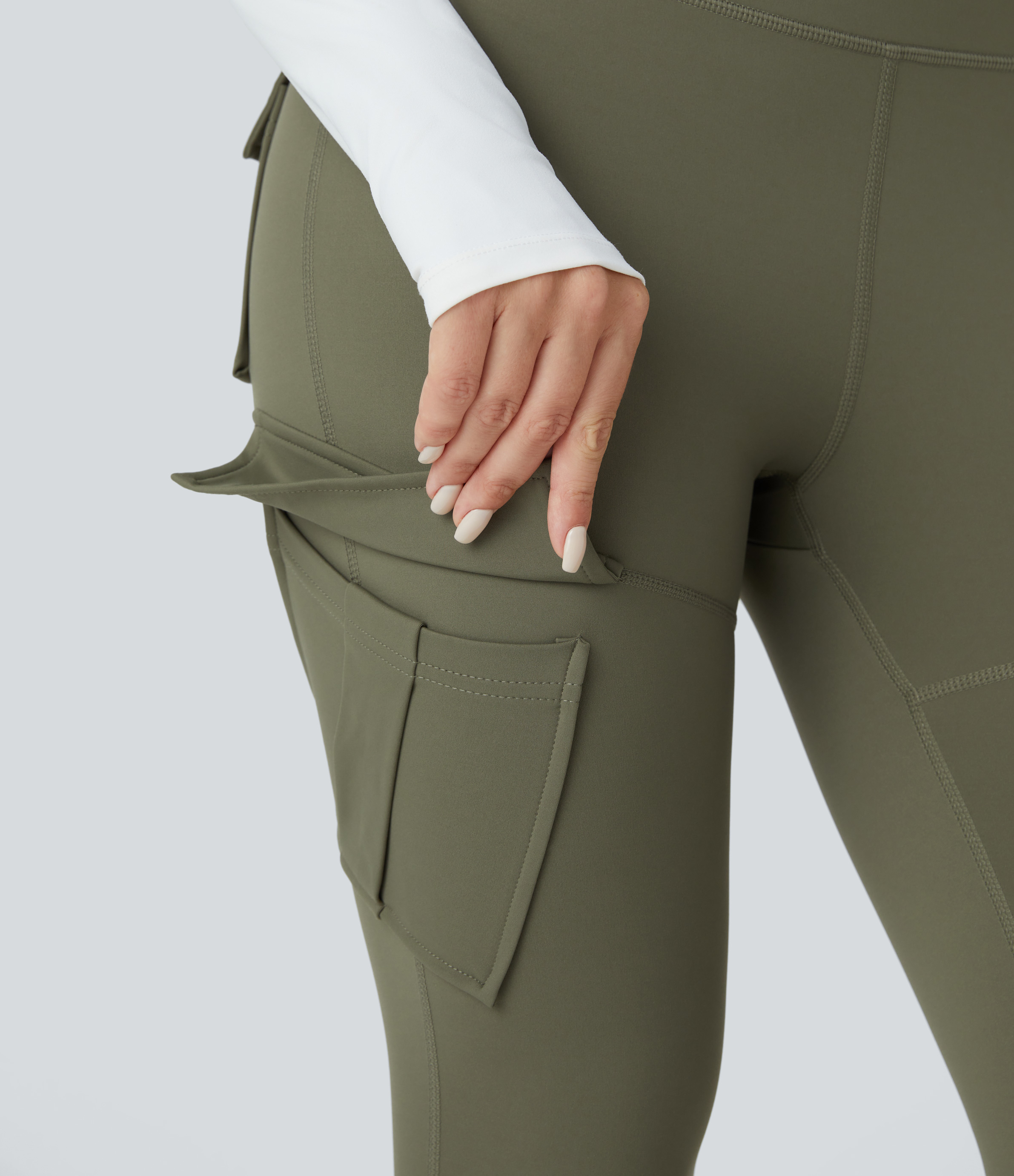 Halara Softlyzeroв„ў Fleece High Waisted Cargo Pocket Skinny 7/8 Yoga Leggings  - Grass Grey Green - XL(7/8) gym leggings leggings with pockets 