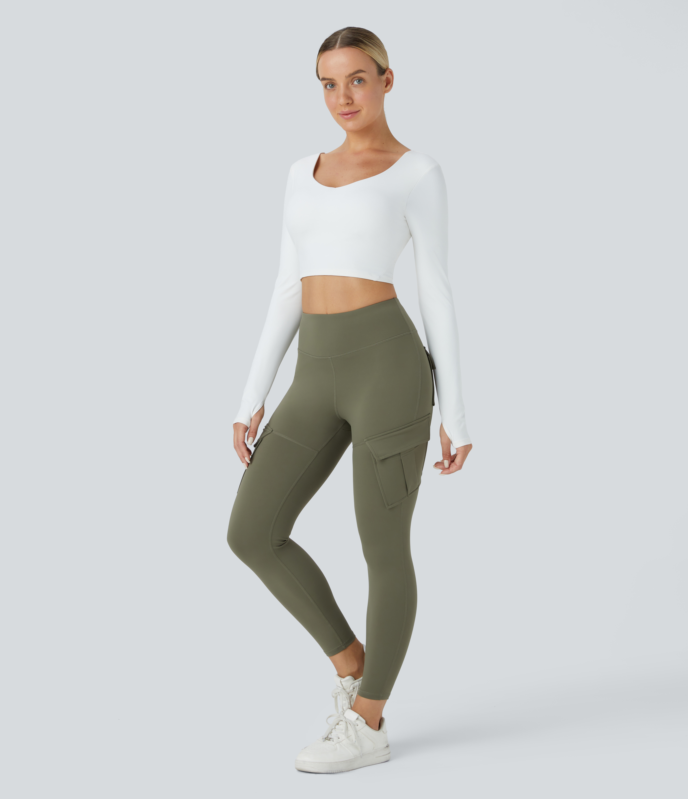 Halara Softlyzeroв„ў Fleece High Waisted Cargo Pocket Skinny 7/8 Yoga Leggings  - Grass Grey Green - XL(7/8) gym leggings leggings with pockets 