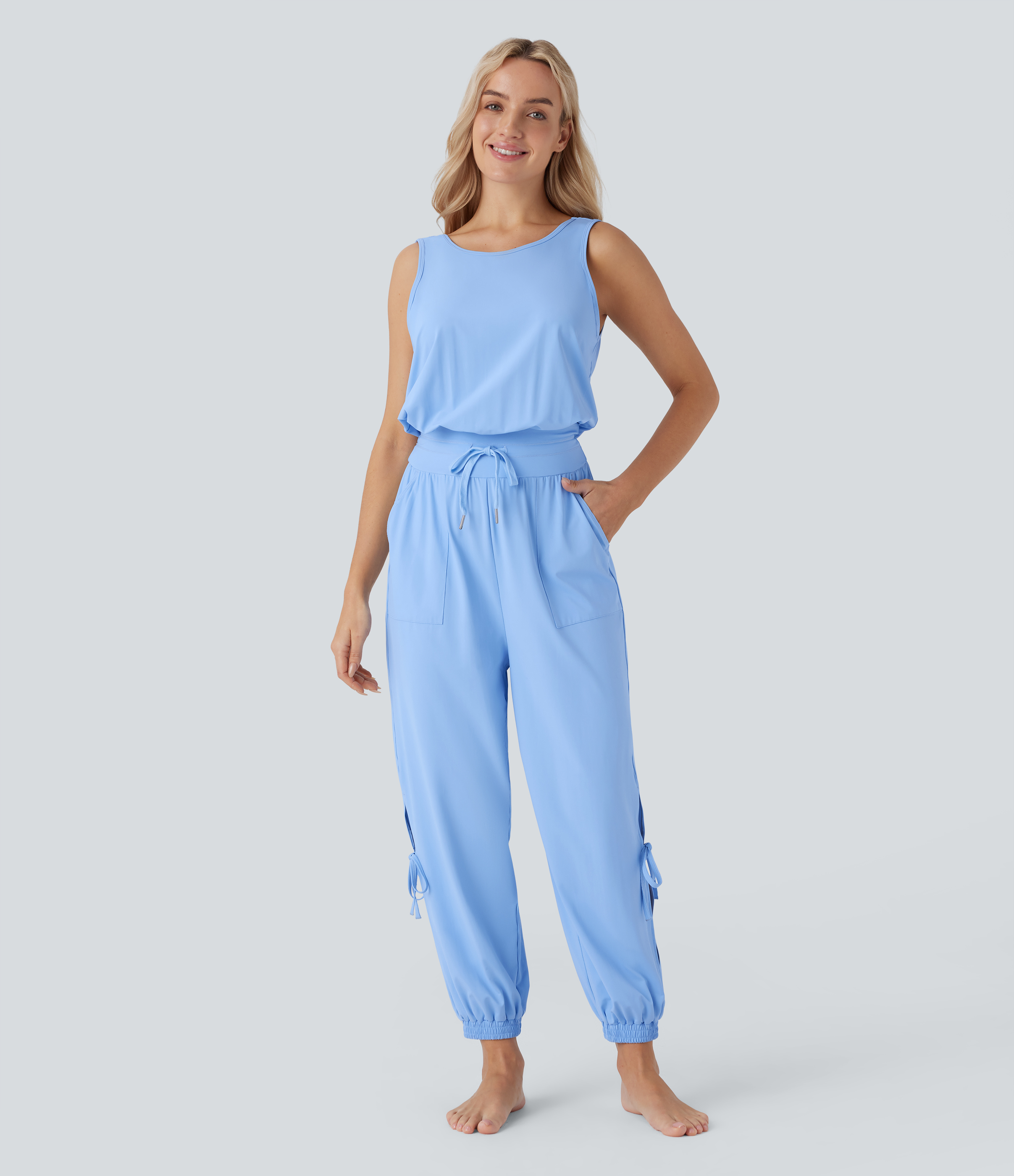 Sky Blue Jumpsuit de yoga sin mangas con espalda descubierta, cordón ajustable y bolsillos laterales de tacto fresco - UPF50+ / 2