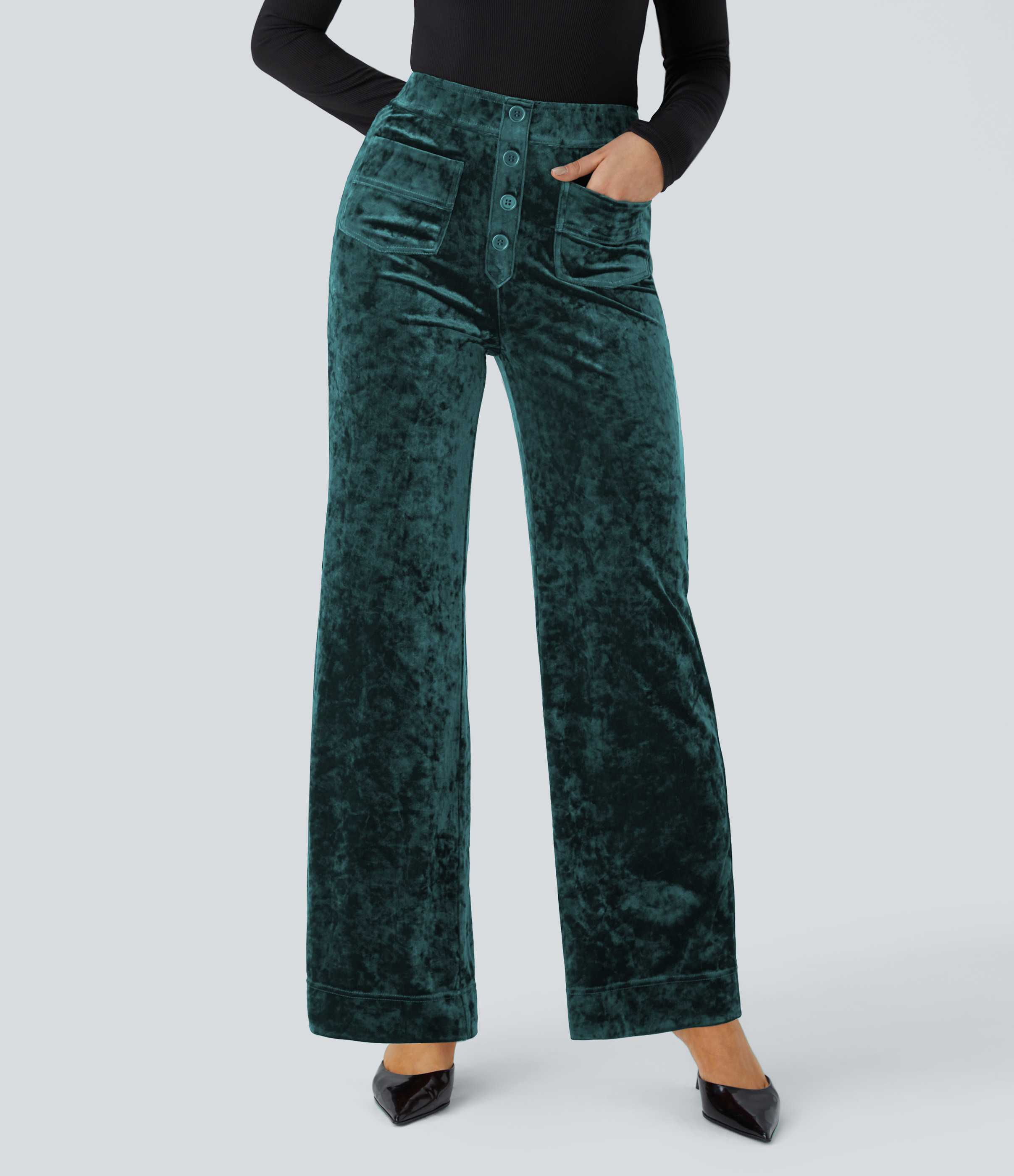 Halara High Waisted Button Multiple Pockets Straight Leg Velvet Casual Pants  - Bistro Green - M(regular) sweatpants jogger pants 