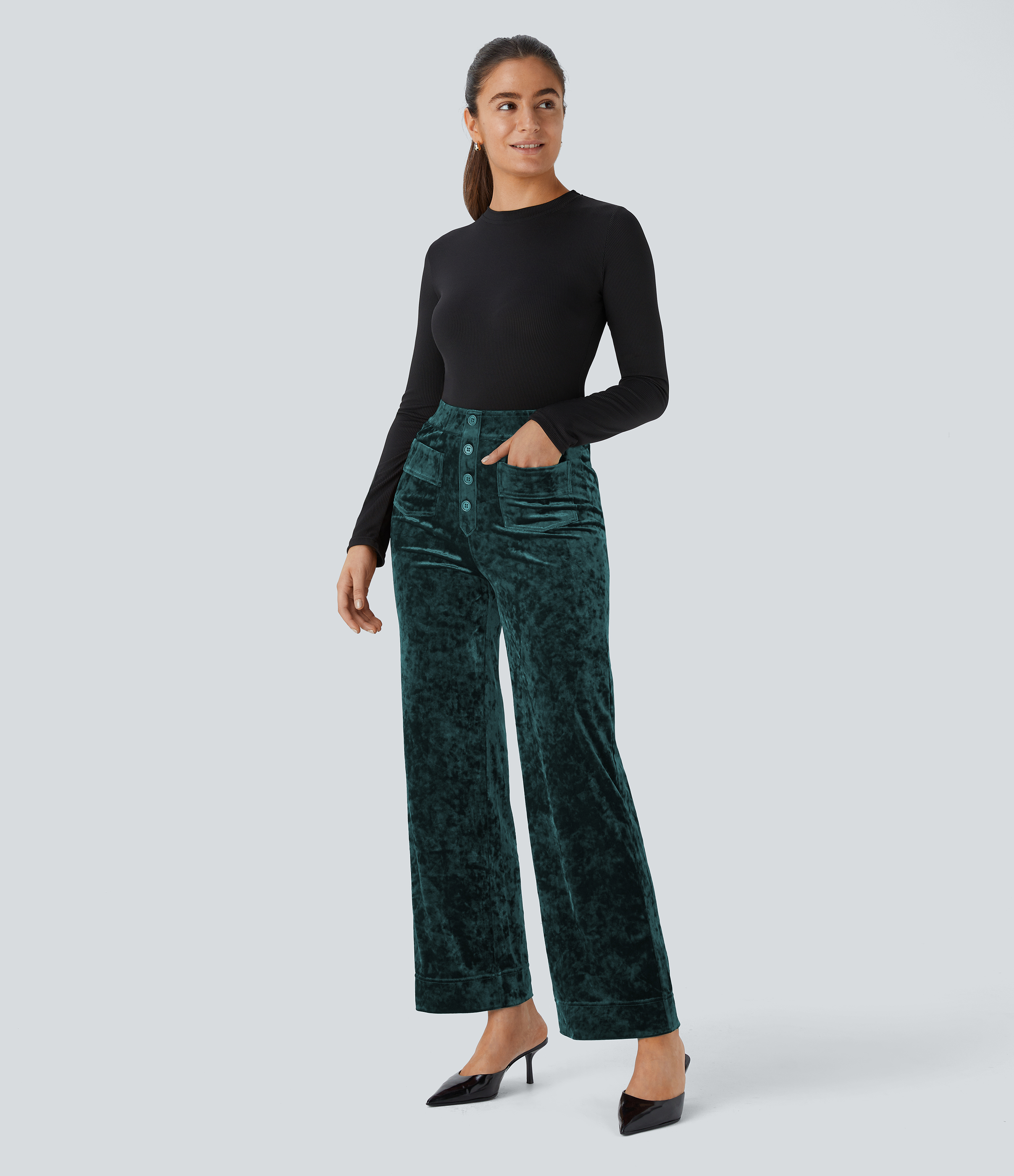 Halara High Waisted Button Multiple Pockets Straight Leg Velvet Casual Pants  - Bistro Green - M(regular) sweatpants jogger pants 