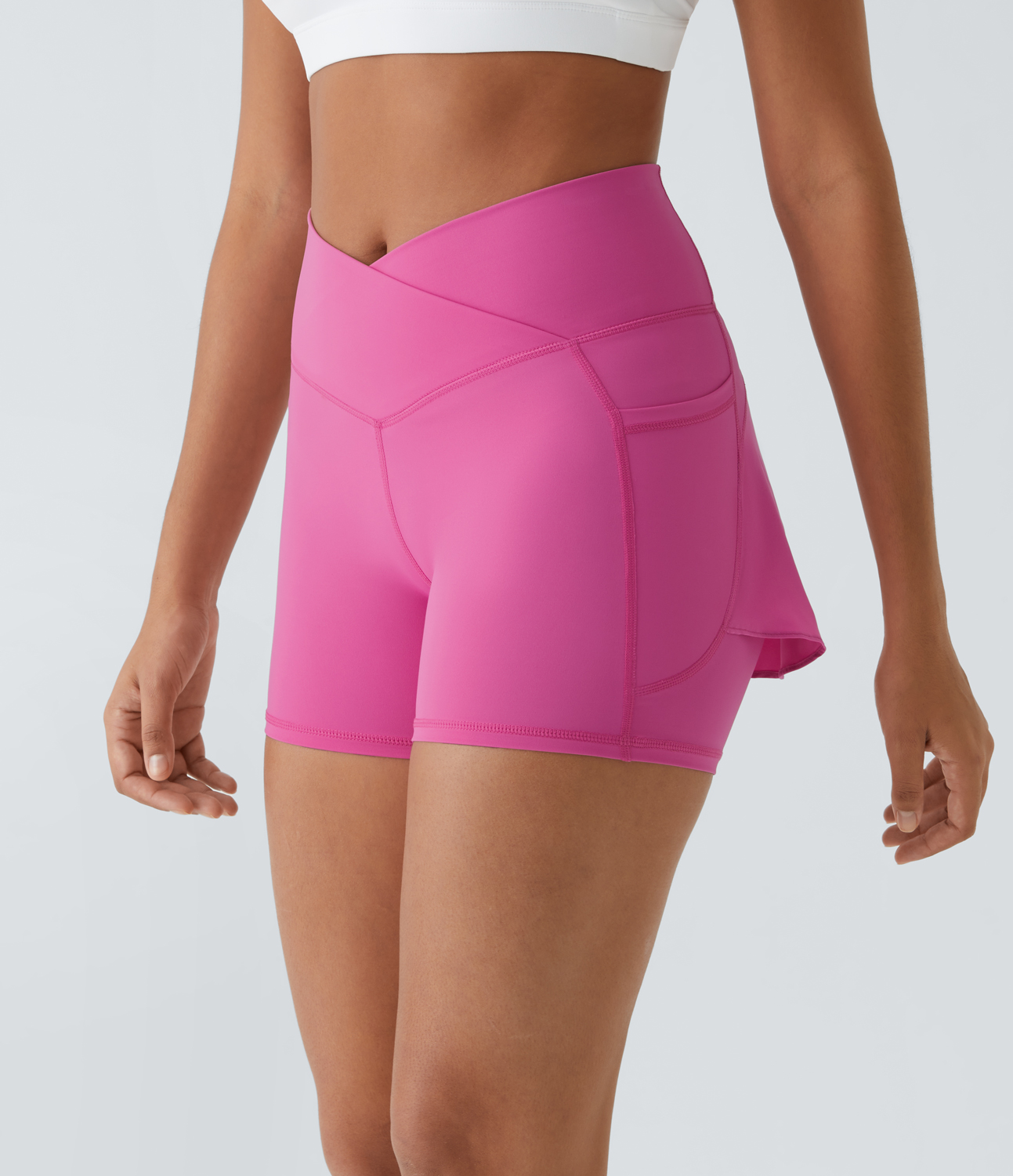 Halara Breezefulв„ў High Waisted Crossover Side Pocket Back Flare Quick Dry Yoga Shorts Gym Short - Fuchsia Fedora - S booty shorts 